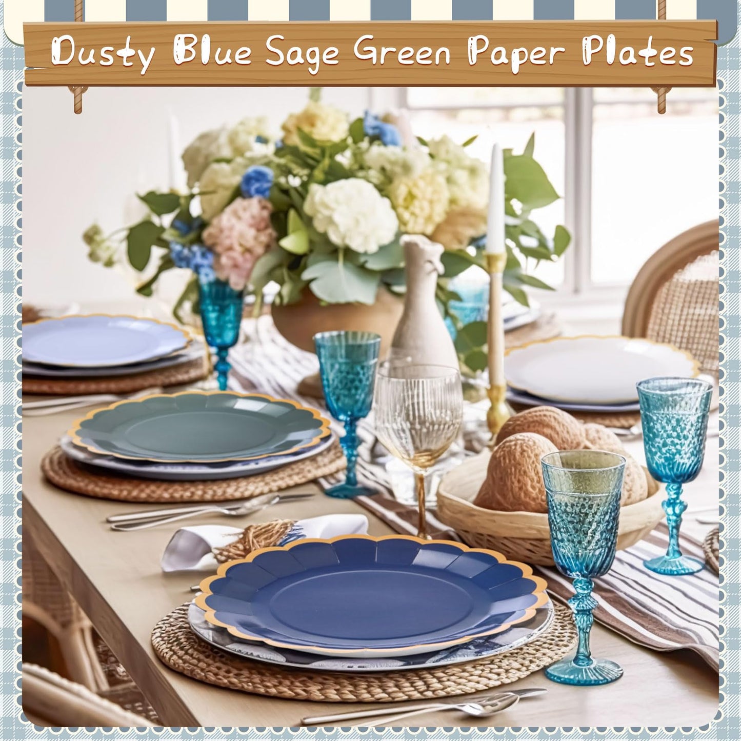 Tiangrid 48 Pcs Dusty Blue Sage Green Paper Plates 9 Inch Green Blue Scalloped Paper Disposable Dinner Dessert Plates for Birthday Wedding Bridal Party Supplies, 6 Colors