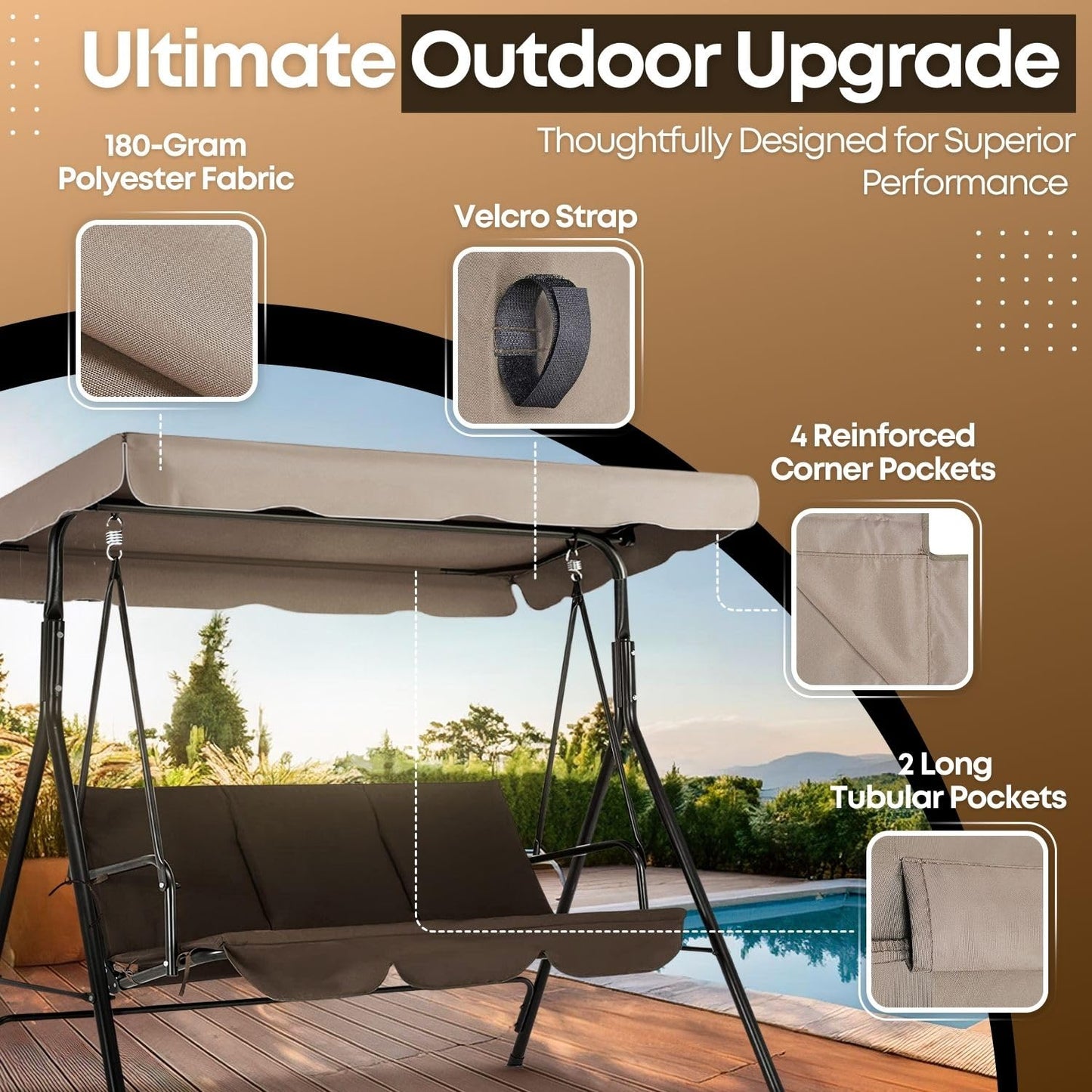 Flexzion Swing Canopy Cover (Beige) 77" x 43" - Deluxe Polyester Top Replacement UV Block Sun Shade Waterproof Decor for Outdoor Garden Patio Yard Park Porch Seat Furniture