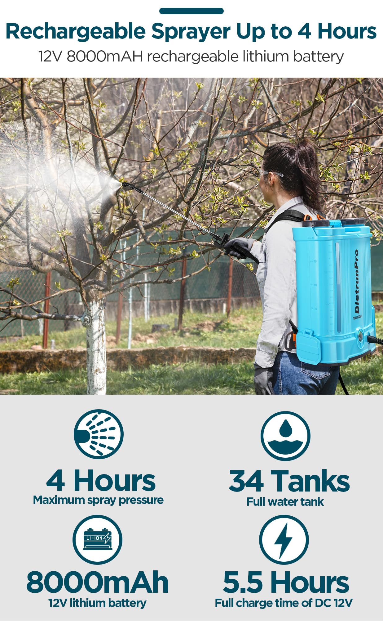 4 Gallon Battery Powered Backpack Sprayer with Mixer, 100 PSI Powerful Pressure Weeds Insecticide Pesticide Electric Sprayer, 31.50 in Metal Spray Pole, 5 Nozzles, Ergonomic Backpack, for Lawn Garden