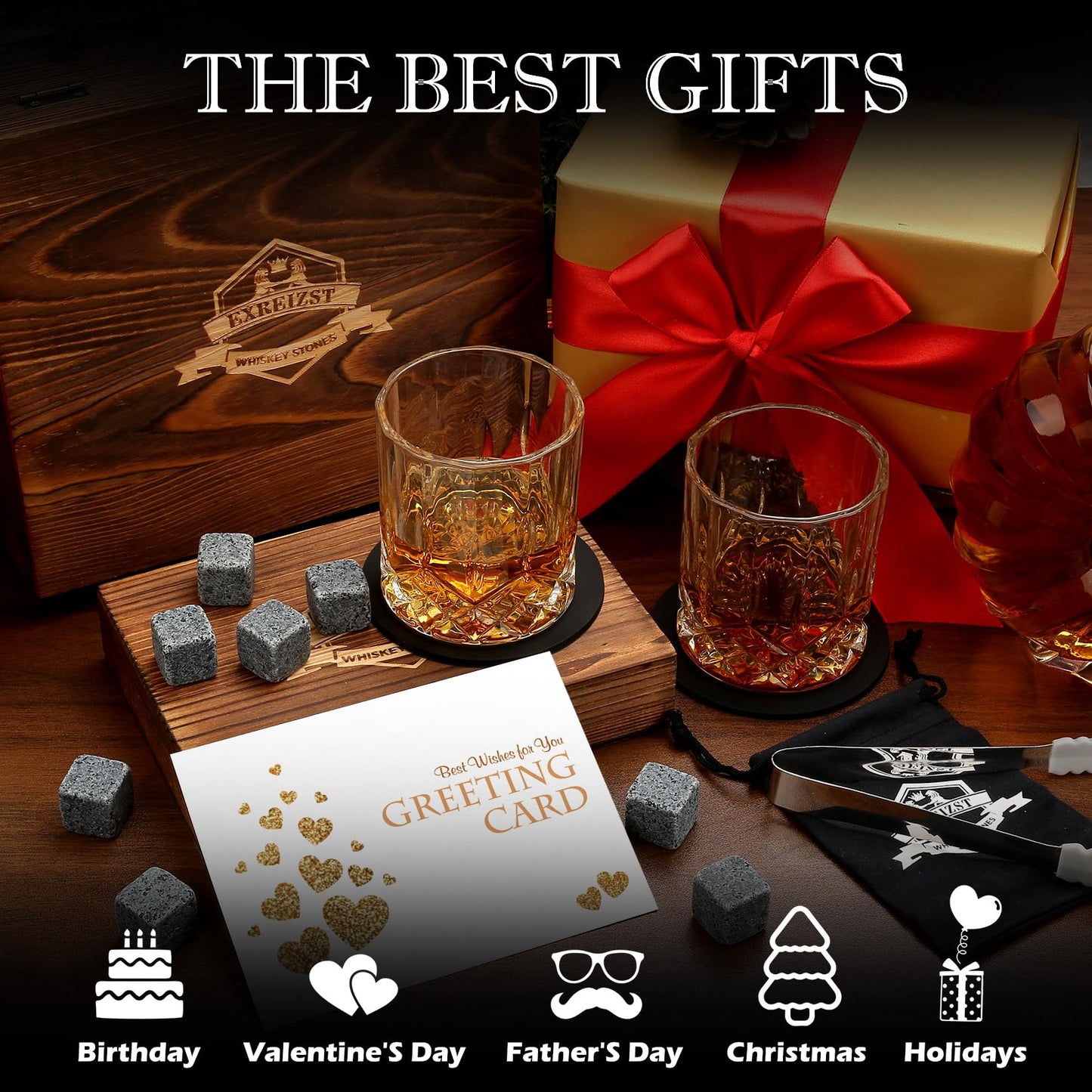 Whiskey Stones Glass Gifts for Men - Bourbon Scotch Whiskey Glasses Set of 2 - Granite Chilling Rocks in Premium Wooden Box - Best Drinking Father's Day Birthday Gifts for Men Him Dad Husband Boss
