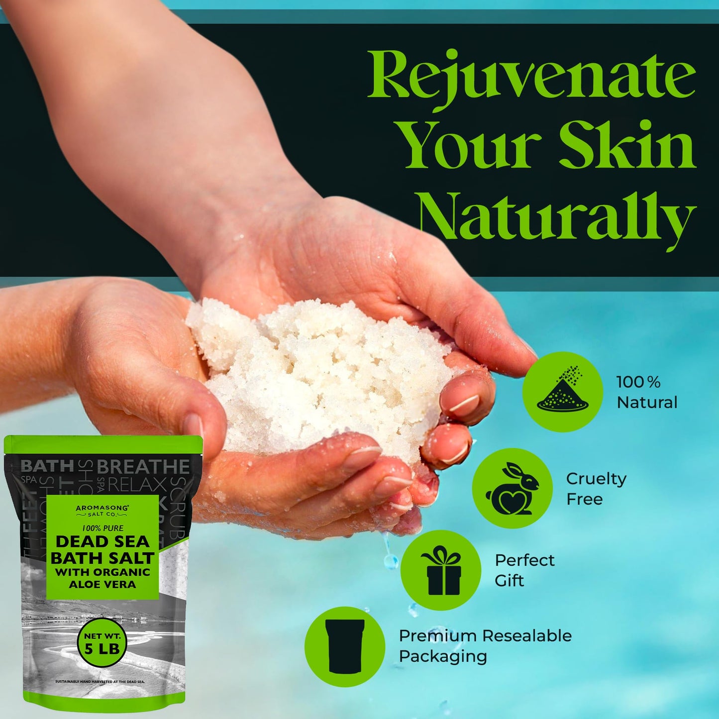 Aromasong Dead Sea Salt with Organic Aloe Vera, 5 Lbs Fine Grain Large Bulk resealable Pack, 100% Pure & Natural, Used for Body wash Scrub, Soak for Women & Men for Tired Muscles & Skin Issues.