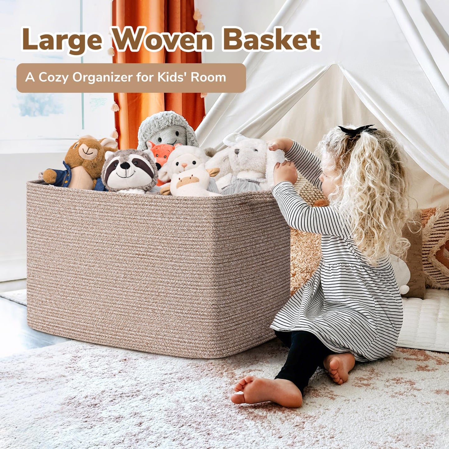 Goodpick 105L Large Woven Storage Basket, Rectangle Cotton Rope Basket for Blankets, Clothes, Storage Organizer for Living Room, 25"x16"x16", Brown