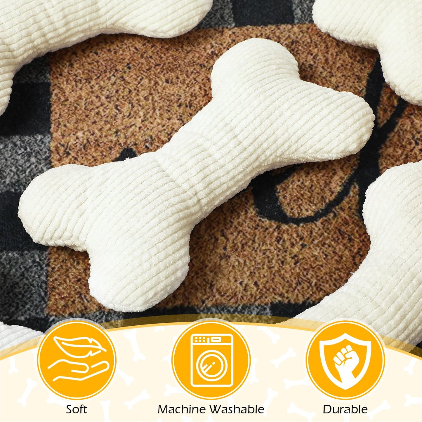 Poen 6 Pcs Bone Shaped Plush Squeaker Dog Birthday Toy Soft Stuffed Calming Toy with Squeaker for Small Medium Pet Dogs Puppy Chew Claw Interactive Fetch, 8. 27 x 4. 72 Inch White