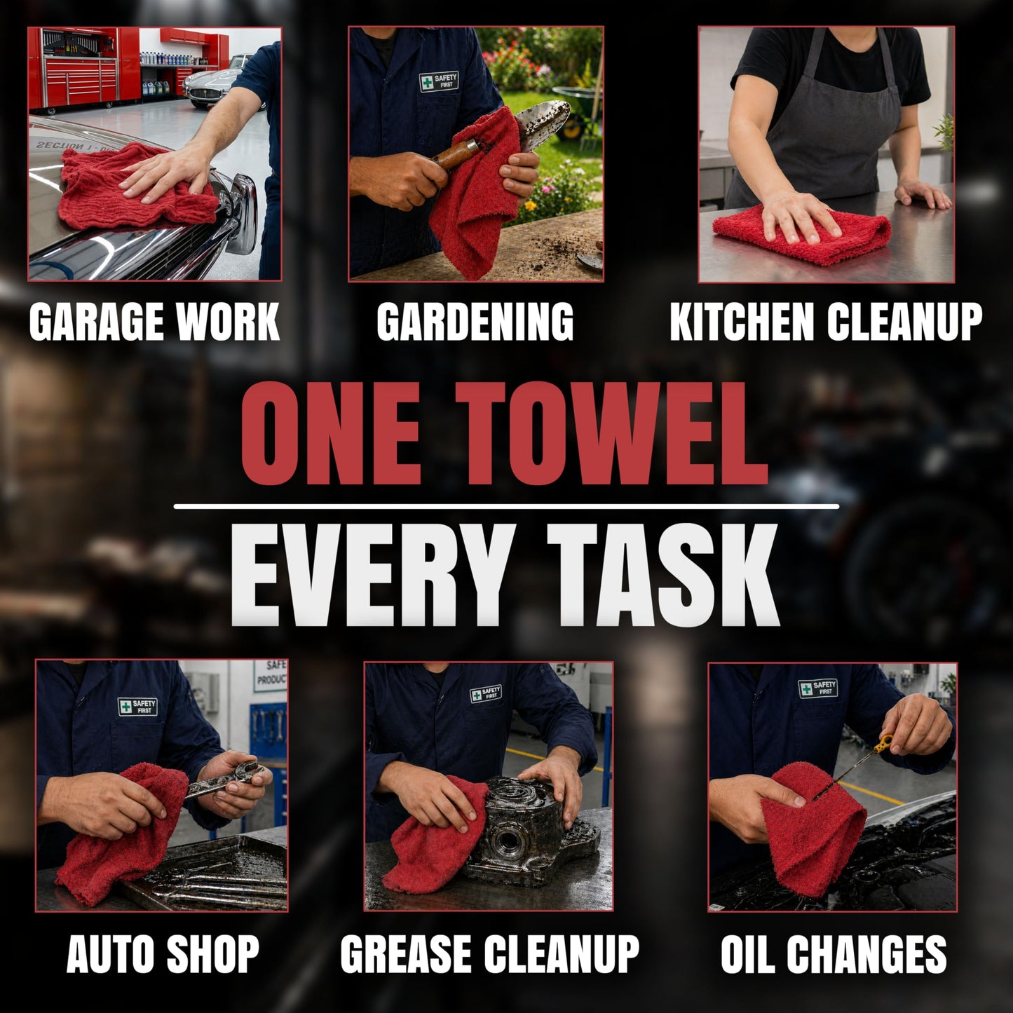 SupremePlus Shop Towels (Red, 25-Pack) - Bulk Cleaning Towel in a Bag, Mechanic Cotton Wipes for Car Maintenance, Auto Mechanics & Garage, Wipe Grease & Oil, Machine Wash & Reusable
