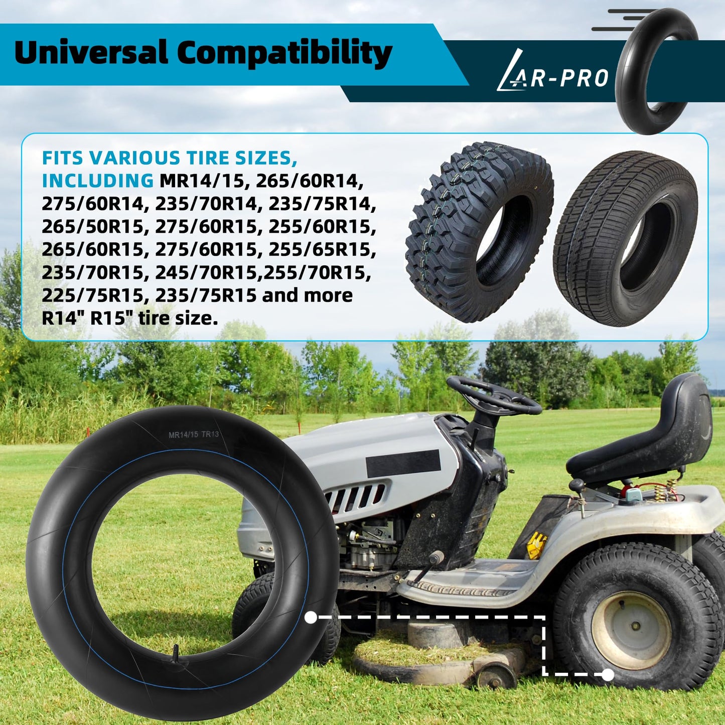 AR-PRO (2-Pack) MR14/15 Heavy-Duty Tire Inner Tubes with TR13 Straight Valve Stems fits R14" R15"- Made from Durable Butyl Rubber
