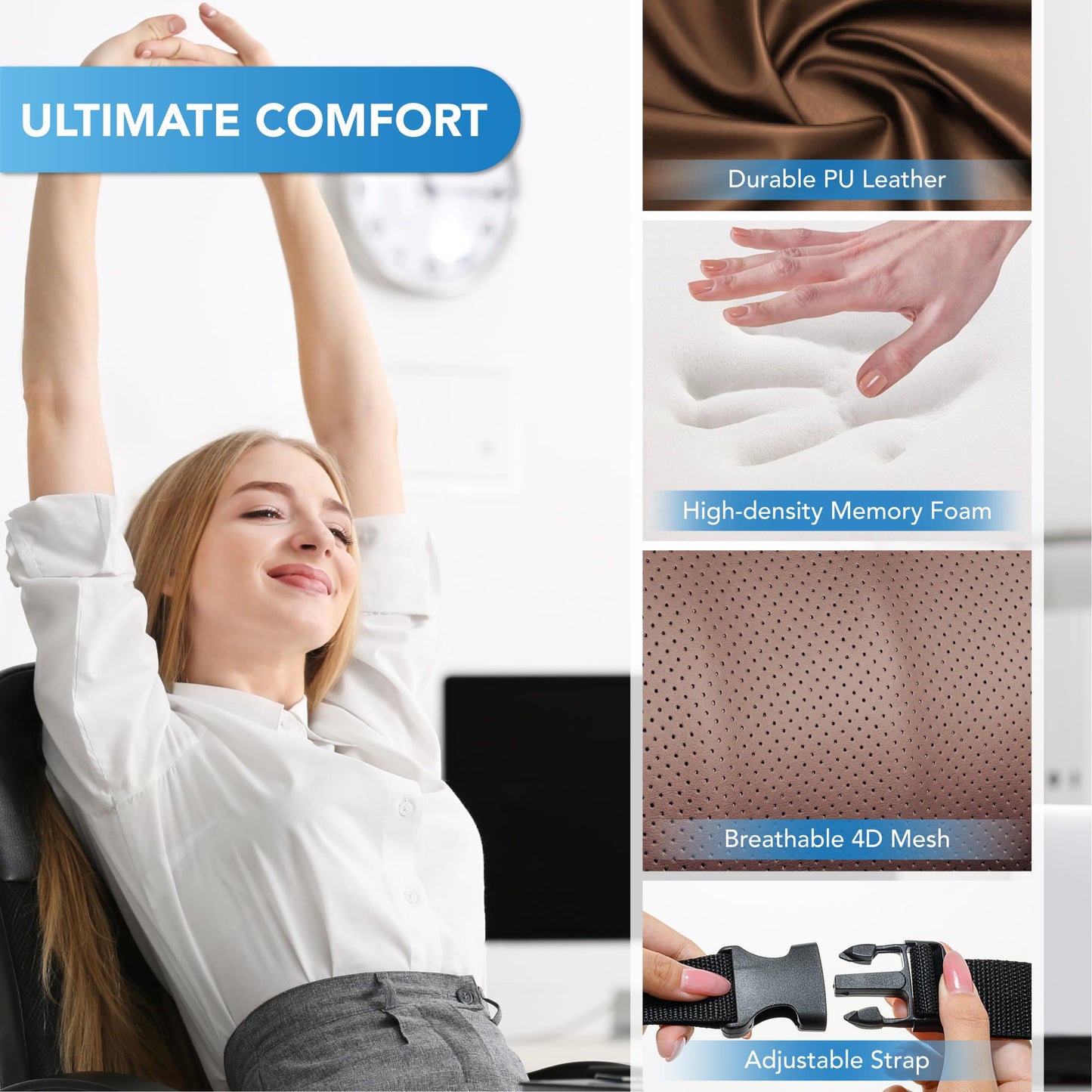 Lumbar Support Pillow: Memory Foam Lumbar Pillow for Lower Back Pain Relief - Car Back Cushion for Driving - Lumbar Support for Car-Office Chair, Wheelchair - Leather Brown