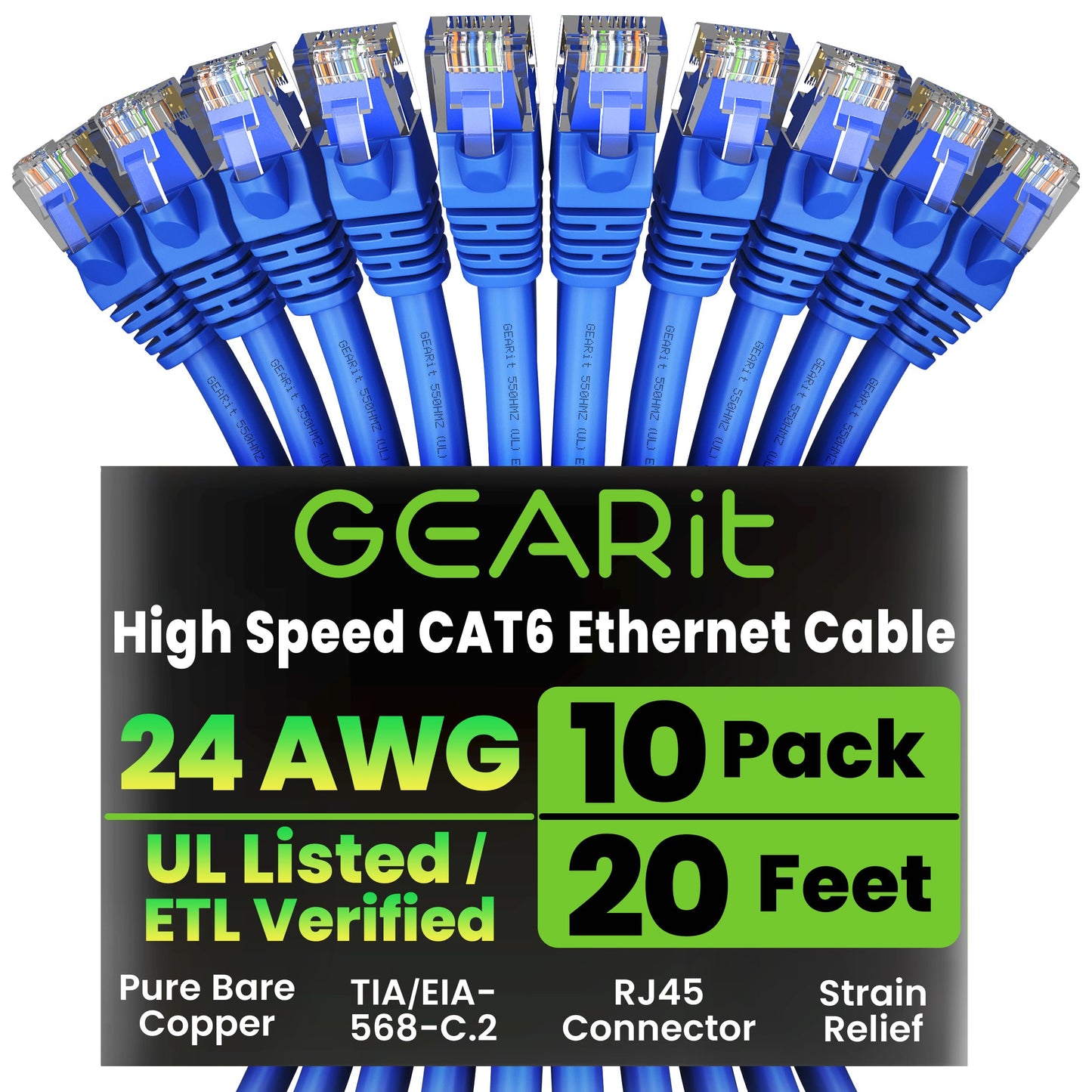 GearIT Cat 6 Ethernet Cable 20 ft (10-Pack) - Cat6 Patch Cable, Cat 6 Patch Cable, Cat6 Cable, Cat 6 Cable, Cat6 Ethernet Cable, Network Cable, Internet Cable - Blue 20 Feet