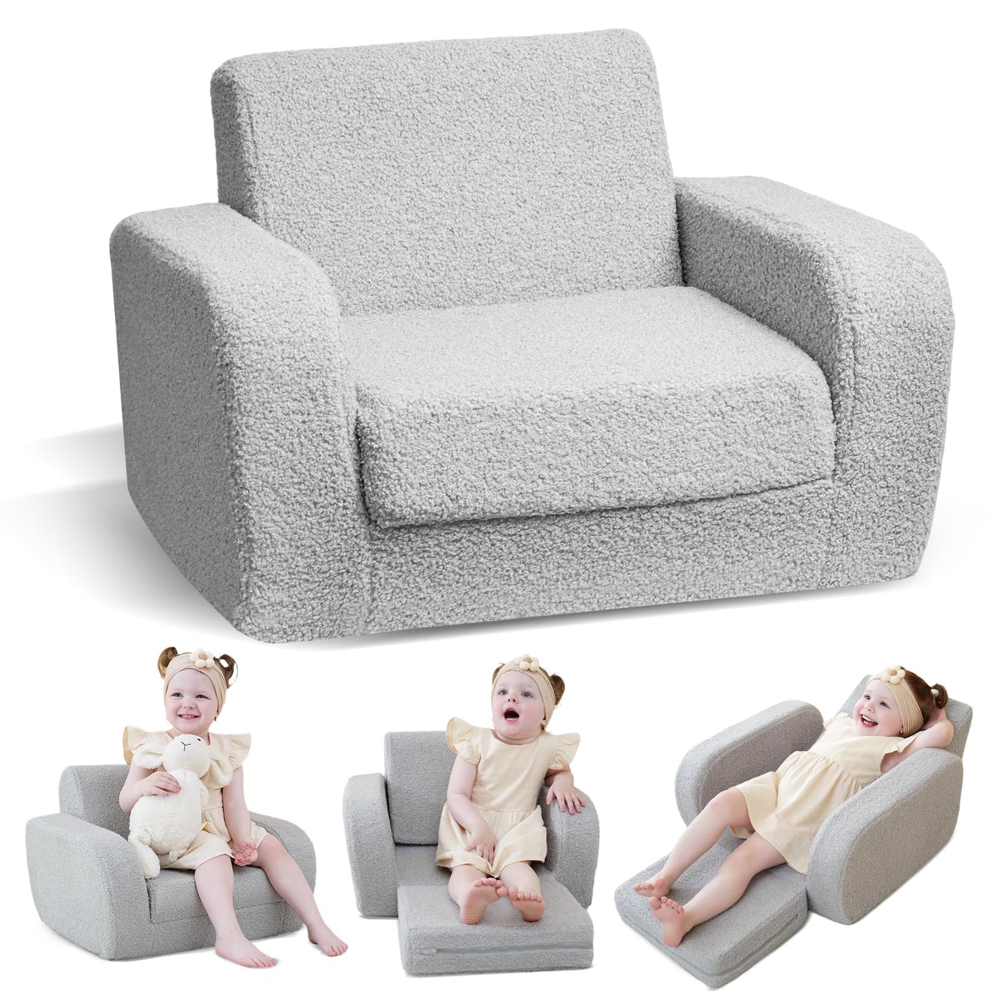 KidBloom Kids Couch, 3-in-1 Toddler Chair for Sit, Flat and Recline, Sherpa Fabric Fold Out Sofa, Sofa for Kids Boys and Girls
