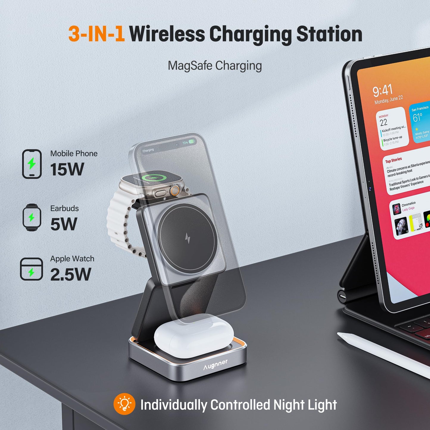 2025 Upgraded Wireless Charger 3 in 1, 15W Fast Foldable Wireless Charging Station with Light for Apple MagSafe, Compatible for iPhone 17/16/15/14/13/12 Apple Watch AirPods 3/2/Pro (20W Adapter)