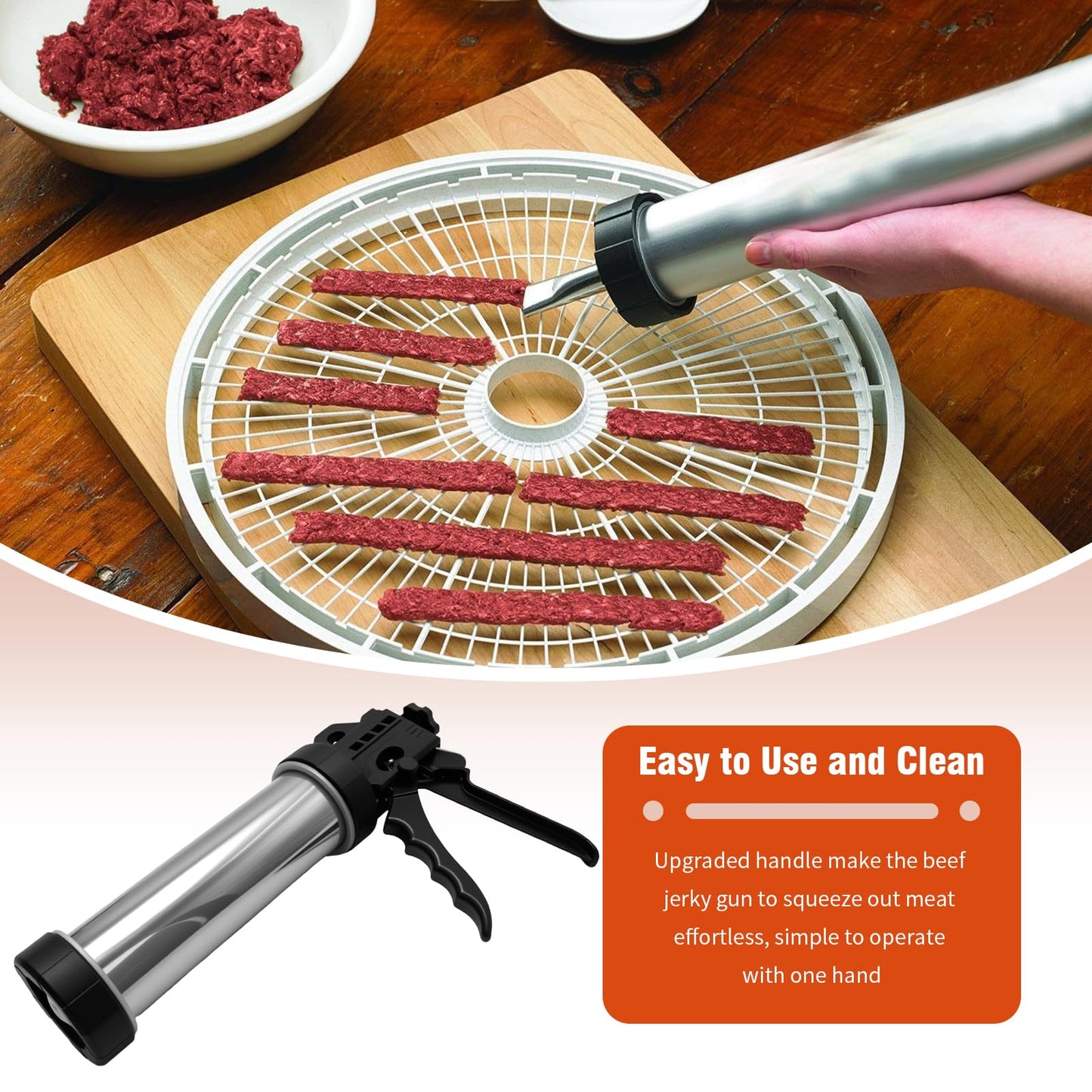 Hoypeyfiy Stainless Steel Jerky Gun Sausage Maker Sausage Stuffer Handmade Beef Jerky Gun with 5 Stainless Nozzles Meat Pusher Cleaning Brushes Kit