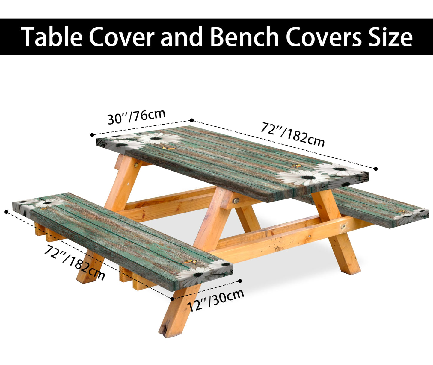 Daisy Flowers Picnic Table Cover with Bench Covers Camping Essentials Wooden Grain Outdoor Table Covers with Elastic Waterproof Fitted Tablecloth for RV Picnic Travel