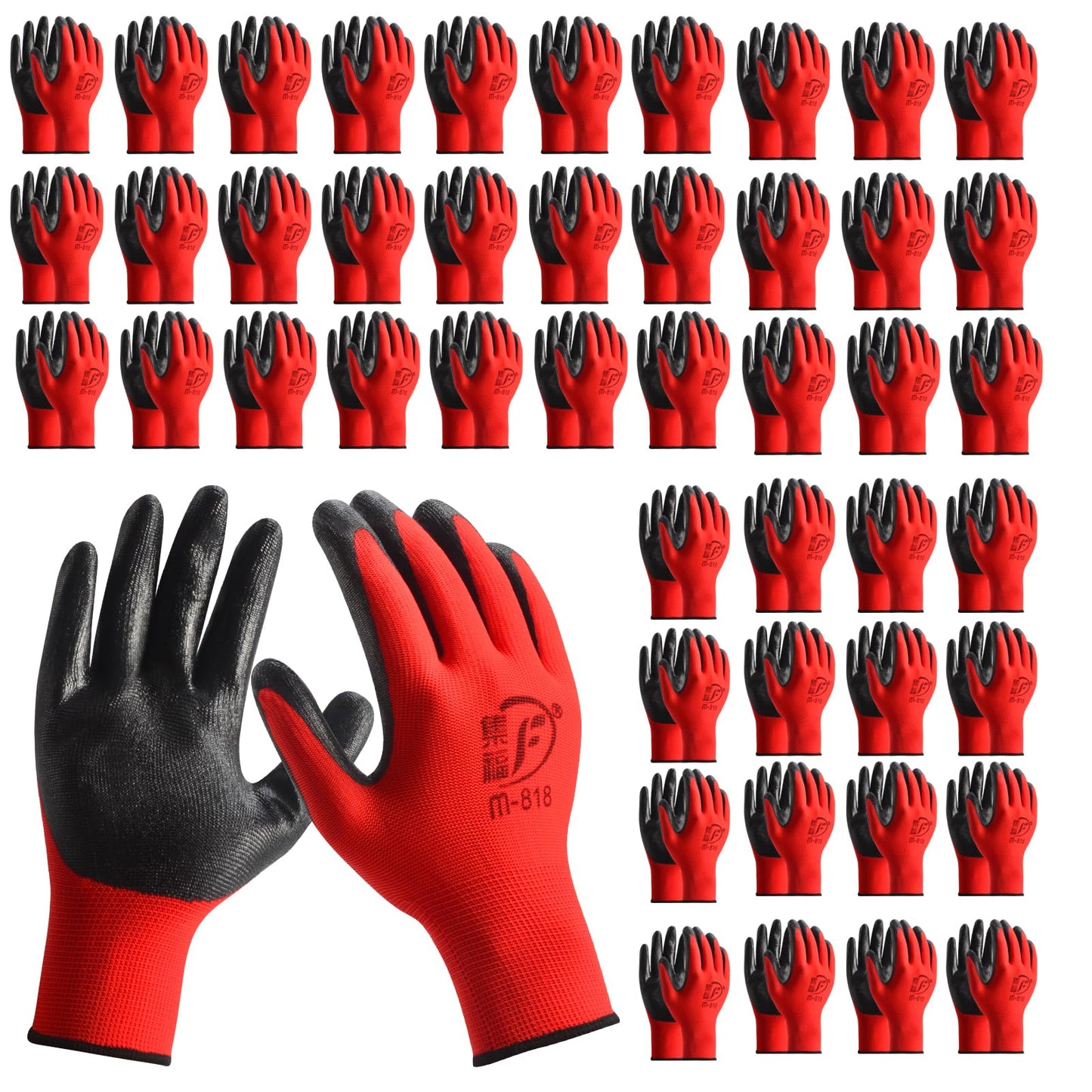 48 Pairs Gardening Gloves for Men Women Rubber Coated Breathable Large Garden Construction Gloves Men Safety Work Gloves, Black & Red