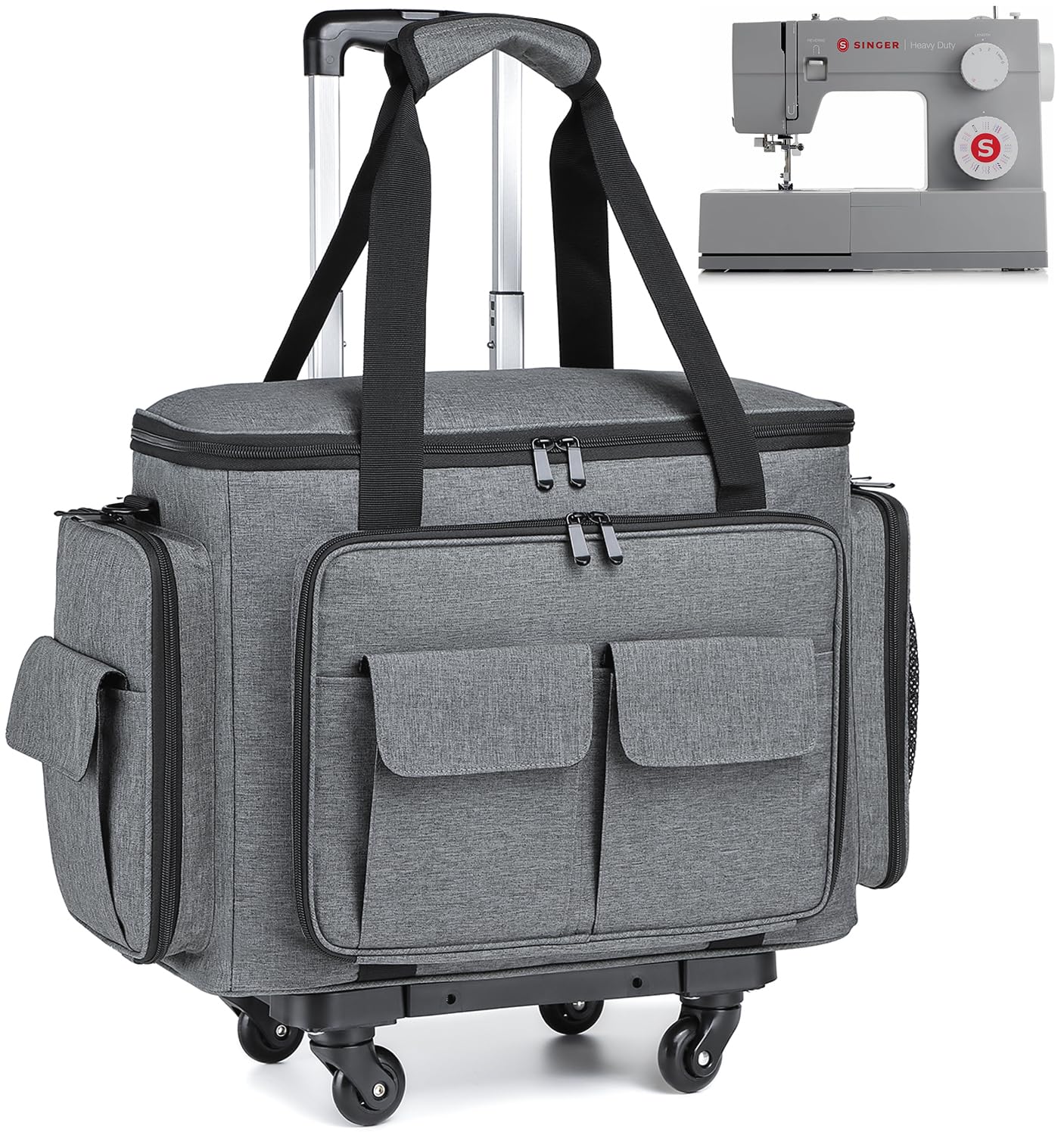 Sewing Machine Case with Wheels - Rolling Sewing Machine Tote with Removable Bottom Pad & Multiple Storage Pockets, Compatible with Singer & Brother (Grey)