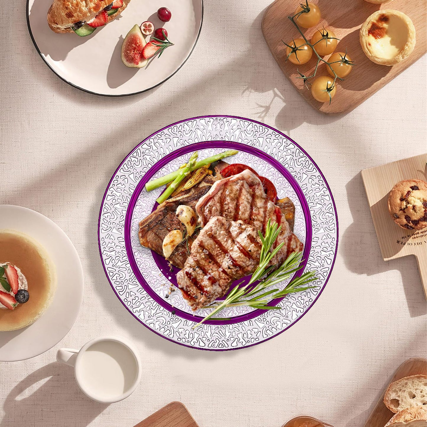 100Pcs Purple Silver Plastic Plates, Disposable Party Plates with Silver Lace, Heavy Duty Fancy Wedding Party Supplies Include 50 Dinner Plates 10.25" and 50 Dessert Appetizer Plates 7.5"