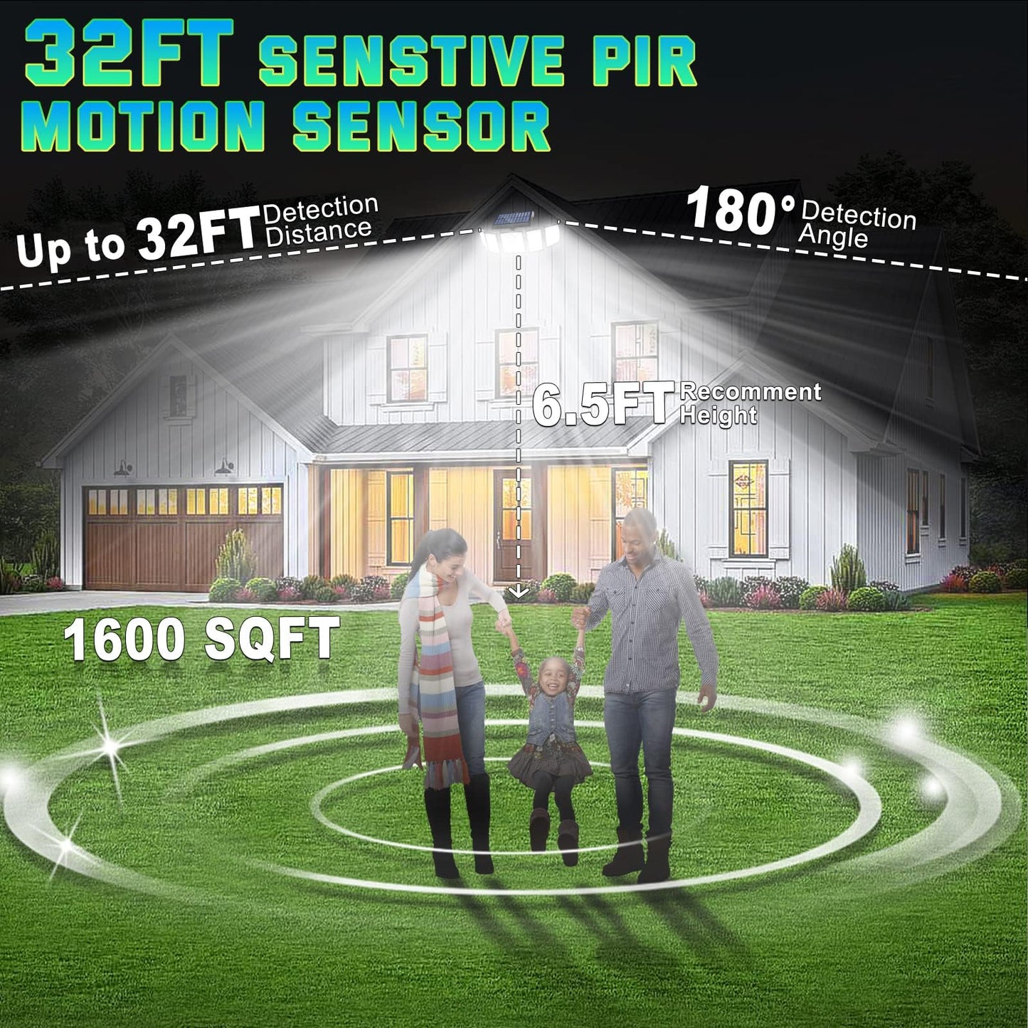 Solar Lights Outdoor Waterproof Motion Sensor - 416 LEDs 3000 Lumens Super Bright 3 Brightness 3 Modes 360° Illumination 32ft Solar Flood Security Light for Outside (with Stakes, 2)