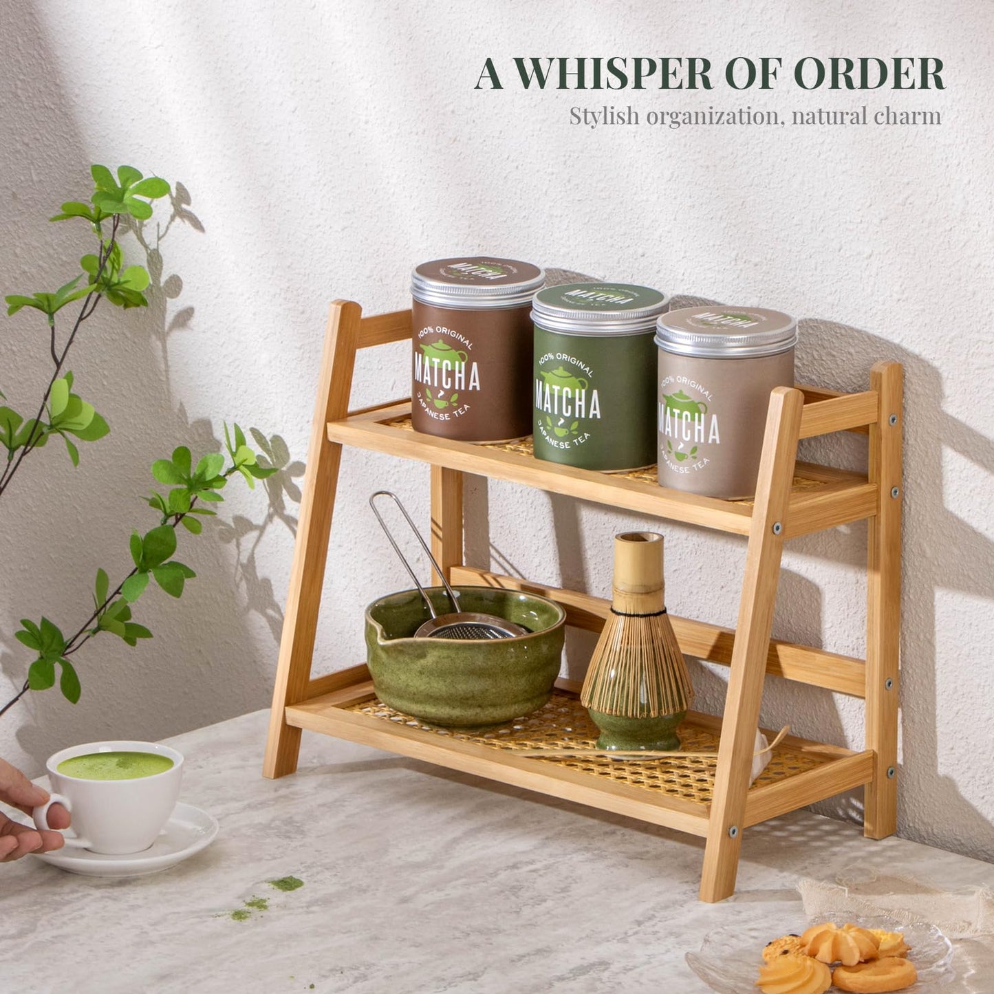 ANBOXIT Rattan-Look Matcha Station Organizer, Countertop Bamboo Tea & Coffee Accessories Station Organizer, 2 Tier Mug Holder Display Stand for Kitchen, Home, Office