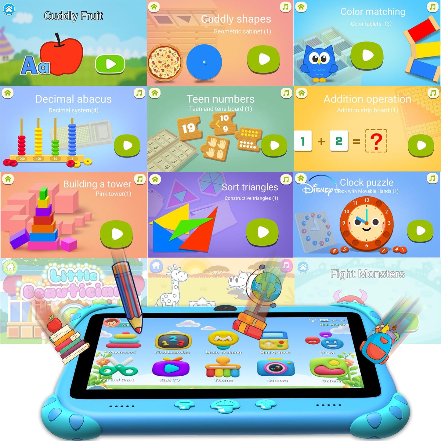 Ascrecem Kids Tablet Android 7 inch Toddler Tablet for Kids with WiFi Dual Camera Parental Control 32GB ROM 128GB Expand Children's Tablets with Kid Software Educational Games Ages 3 to 14 Years(Blue)