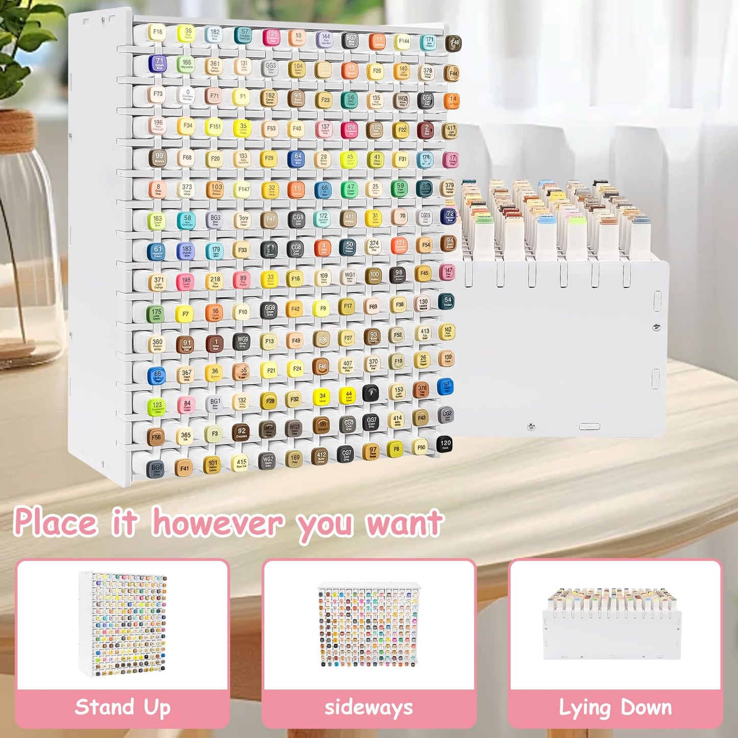 SelWatty Marker Organizer, Hold 180 Markers, With Removable Partition, Pencil Storage Organizer, Holds Stationery such as Scissors, Sticky Notes, Tape, Desk Accessories for Home School (180 Holes)