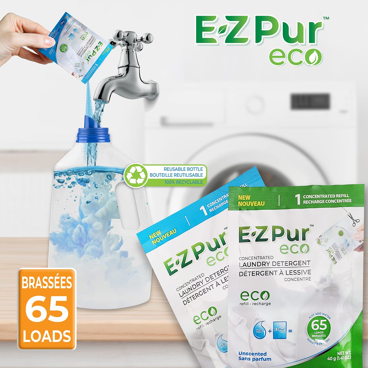 E-Z Pur - Eco Laundry Detergent, 260 Loads - 4-Pack Refill, 40g Each, Mix with Water to Make 7.2L Unscented Liquid, HE Compatible, Septic Safe, Concentrated - EZ Pur Eco