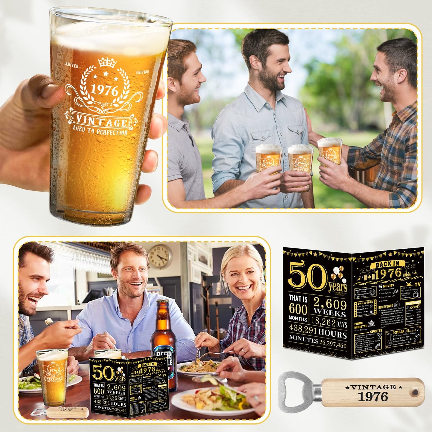 50th Birthday Gifts for Men, Vintage 1976 Beer Glass, Wooden Bottle Opener, Vintage Beer Box, Wooden Coaster, 1976 Greeting Card and Poster Anniversary Card 50th Birthday Gift Ideas for Him,Men