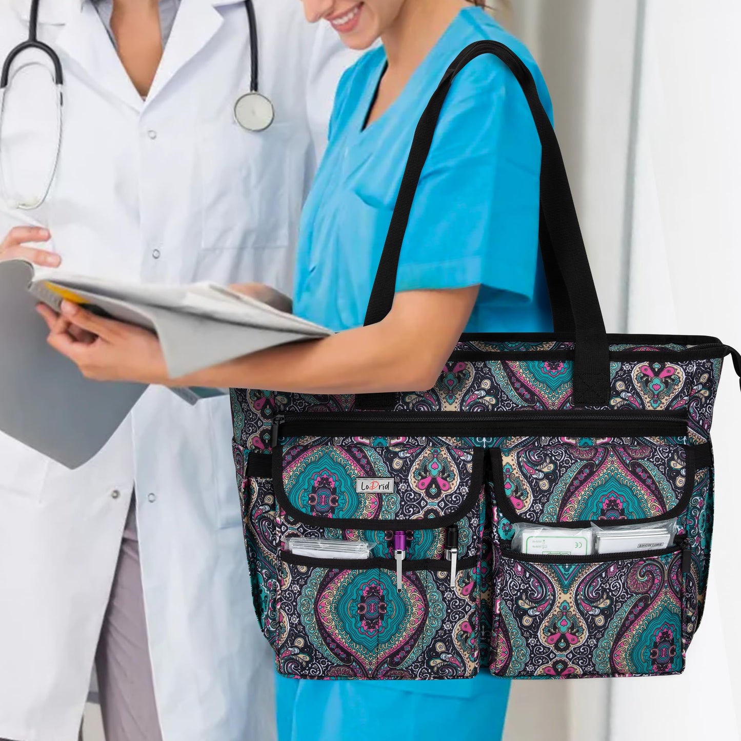 LoDrid Nurse Bag with Bottom Padded Pad, Nurse Bags for Work, with Separated Storage Laptop Layer (up to 15.6 Inch), with Large Compartment, Totem, Bag Only(Patented Design)