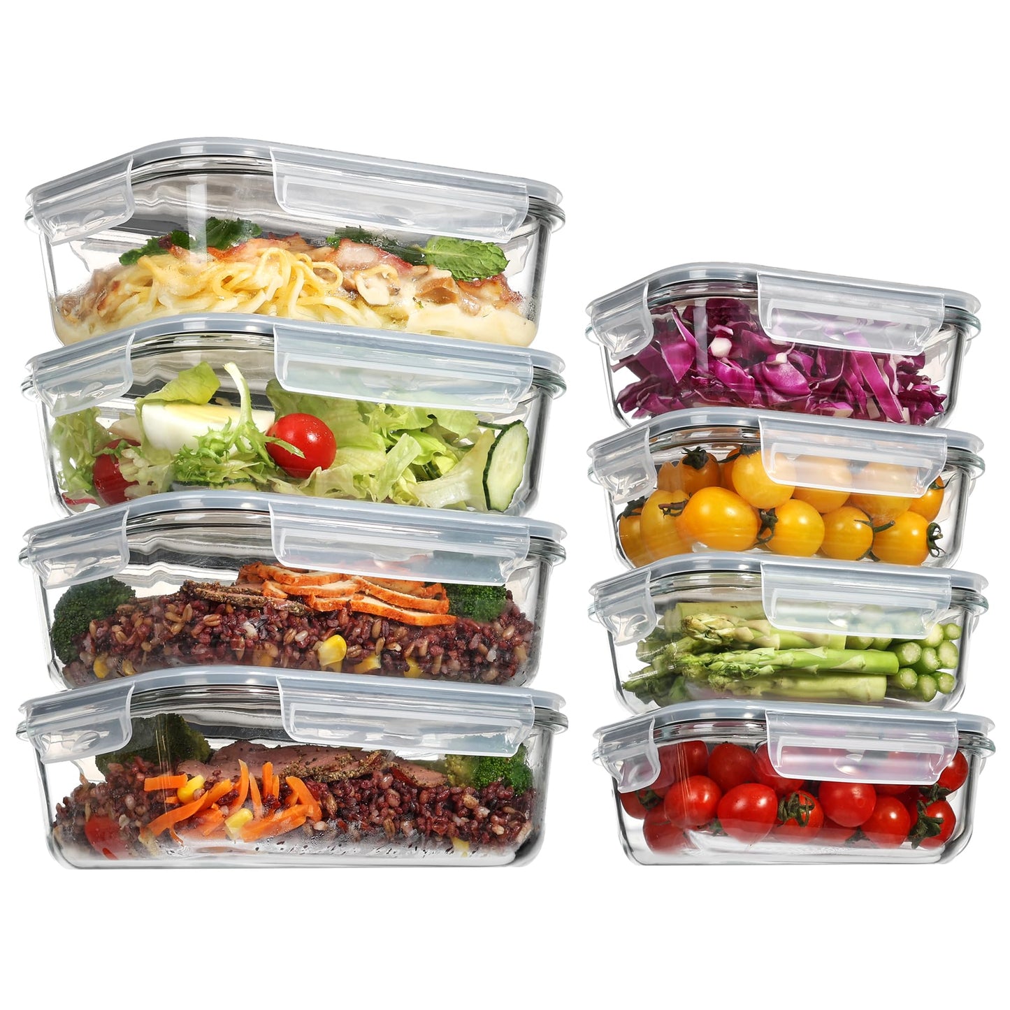 Vtopmart 8 Pack Glass Food Storage Containers with Lids, Meal Prep Containers, Airtight Lunch Bento Boxes with Snap Locking Lids, for Microwave, Oven, Freezer and Dishwasher
