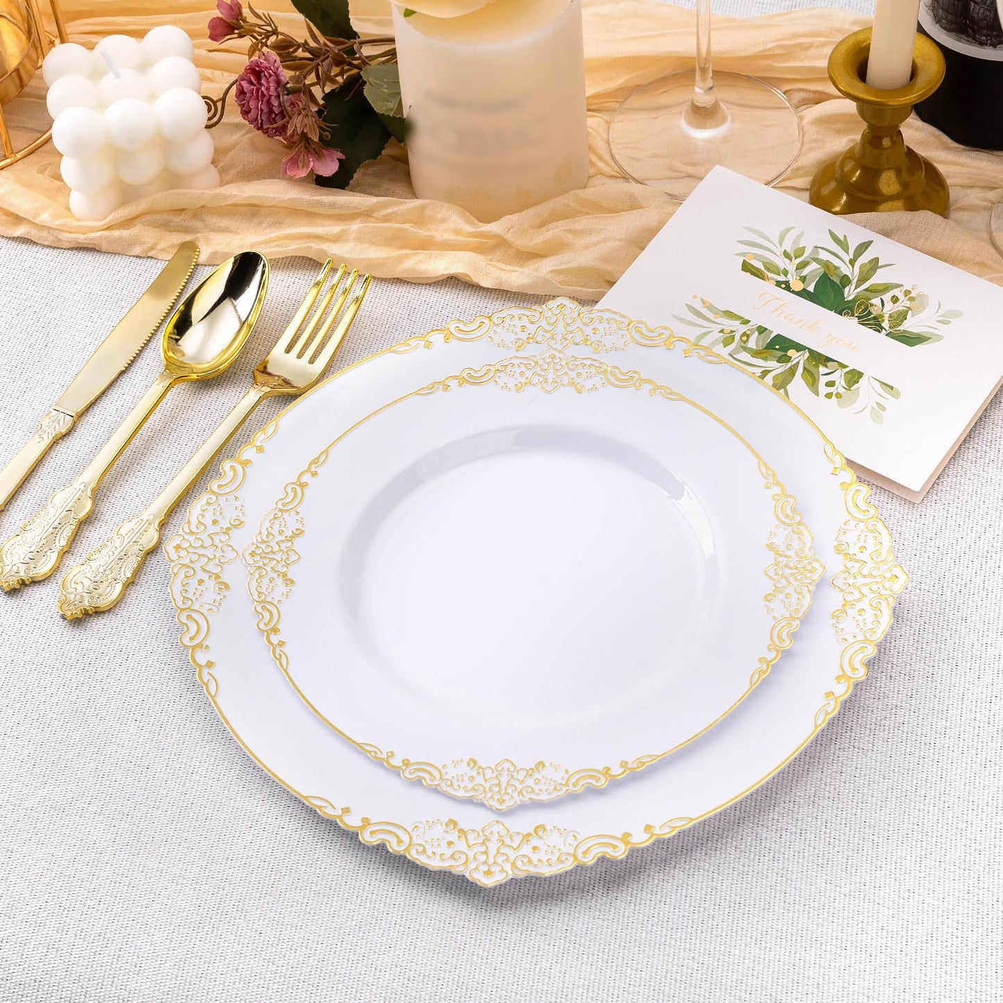 Goodluck 100 PCS White and Gold Plastic Plates for 50 Guests, Gold Disposable Plates Include 50 PCS Dinner Plates, 50 PCS Dessert Plates for Party, Wedding and Graduation