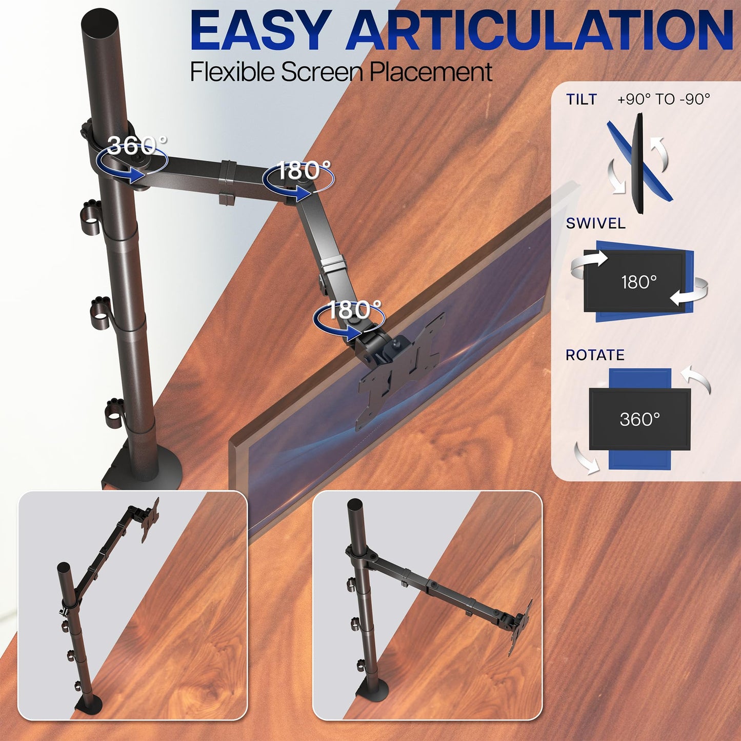 VIVO Extra Tall Single Monitor Desk Mount Stand with 39 inch Pole. Features Full Adjustability - Tilt and Articulation, Holds 13 to 32 inch Screens up to 22 lbs with VESA Mounting, Black, STAND-V011