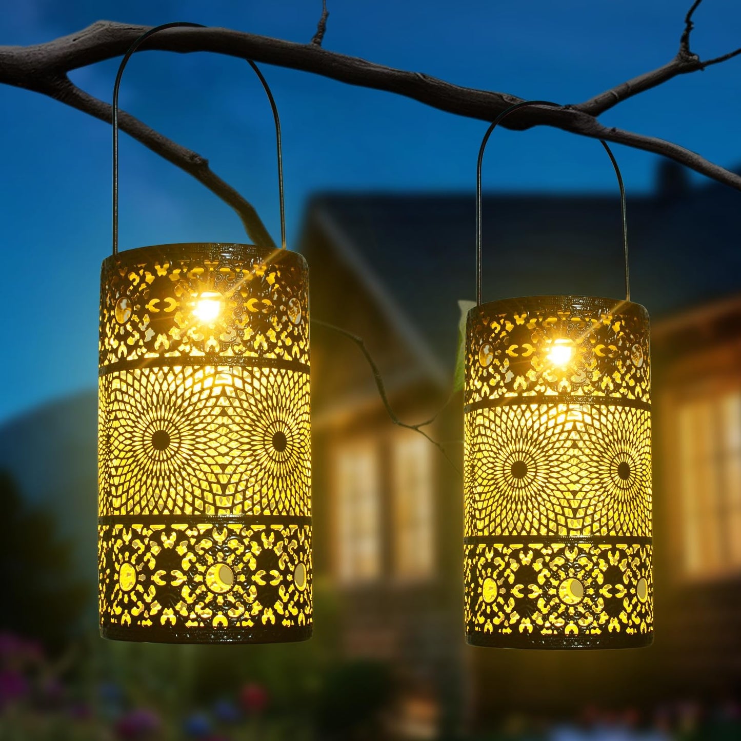 Ninonly 2 Pack Solar Lanterns Outdoor Garden Decor, Waterproof Retro Metal Solar Hanging Lights, Solar Powered Lights for Garden Patio Yard Pathway Walkway Landscape Tree Decoration