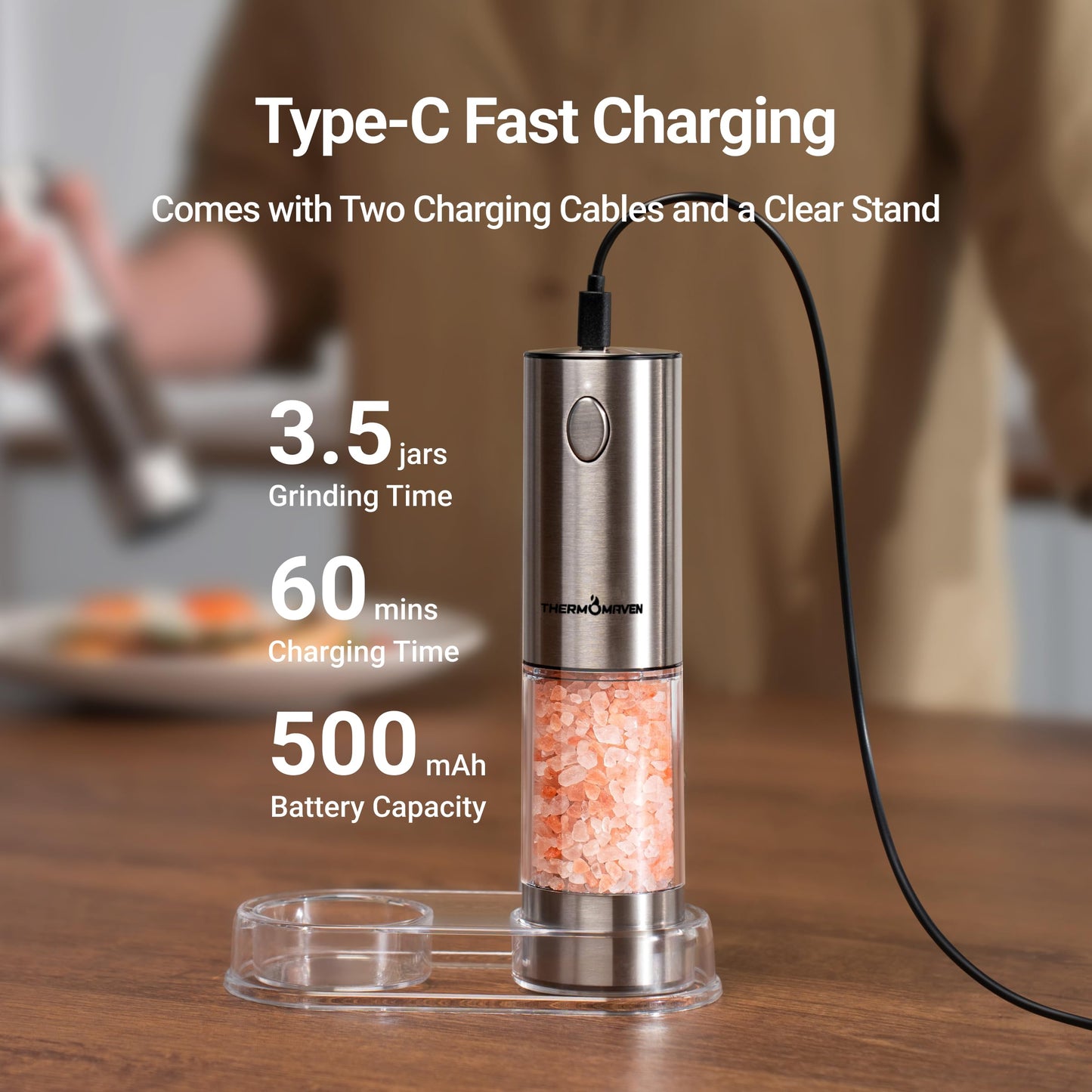 ThermoMaven Electric Salt and Pepper Grinder Set, 110ml Larger Rechargeable Automatic Salt and Pepper Mill Grinder with 6 Adjustable Coarseness, Electric Salt and Pepper Shakers, LED, 2 Packs, Silver