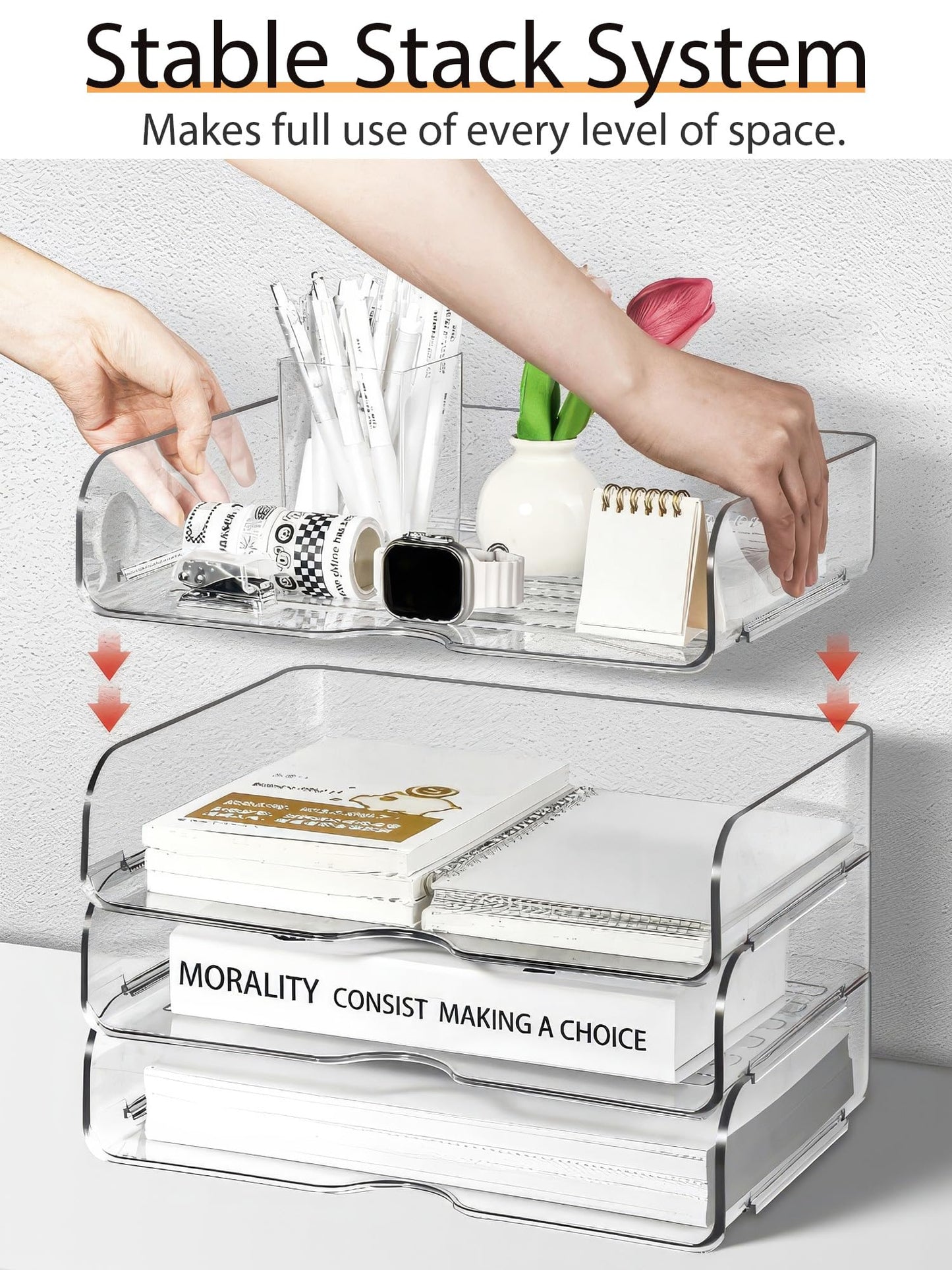 4-Tier Acrylic Paper Tray Organizer, Clear Stackable Desk Organizers for Documents, Letters, A4 Papers, Office Storage Organizers