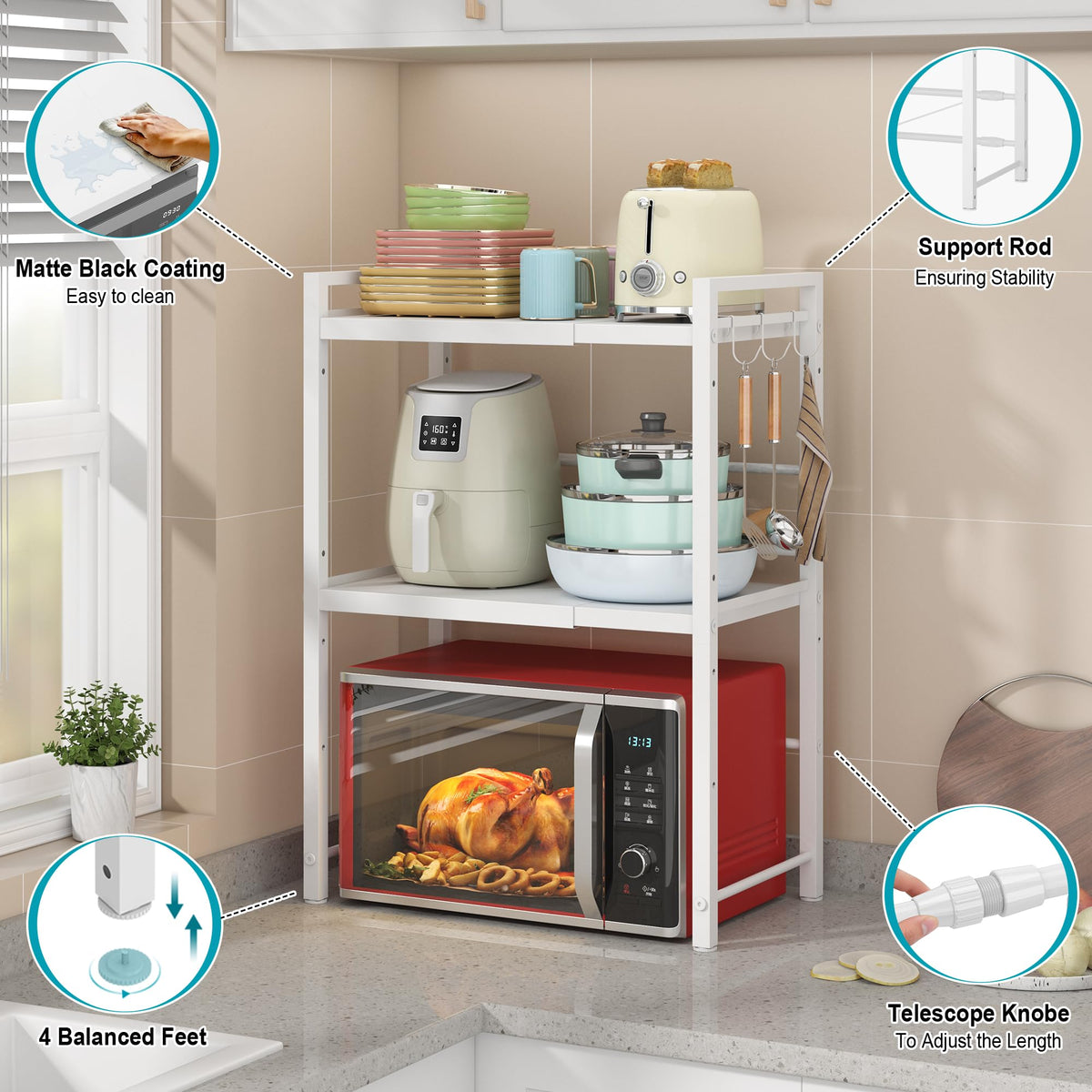 DOLALIKE Microwave Oven Rack, Expandable Microwave Stand Countertop Kitchen Utensils Tableware Storage, Carbon Steel Over Microwave Shelf Countertop 3 Tier with 3 Hooks
