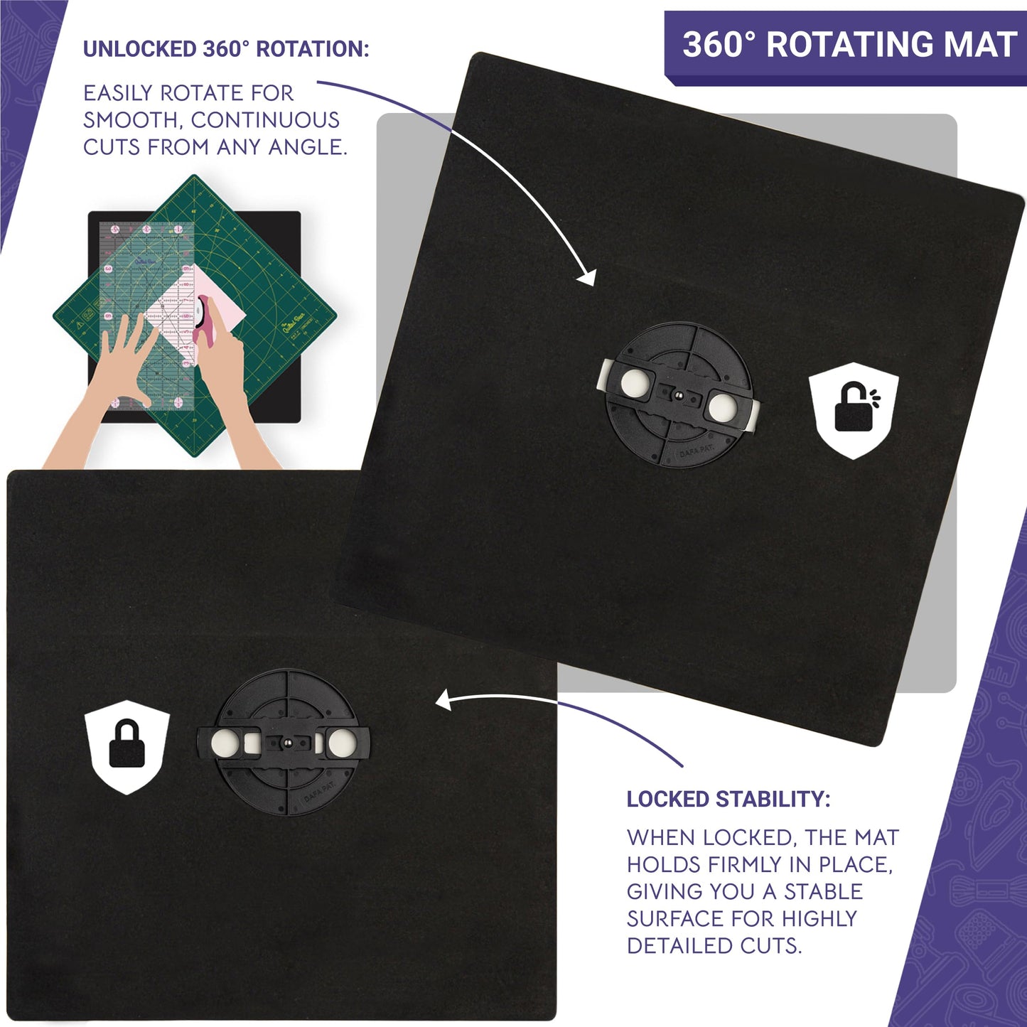 The Quilted Bear Rotating Cutting Mat - 12"x 12" Square Self Healing 360° Rotating Craft Cutting Mat with Innovative Locking Mechanism for Quilting & Sewing (Green)