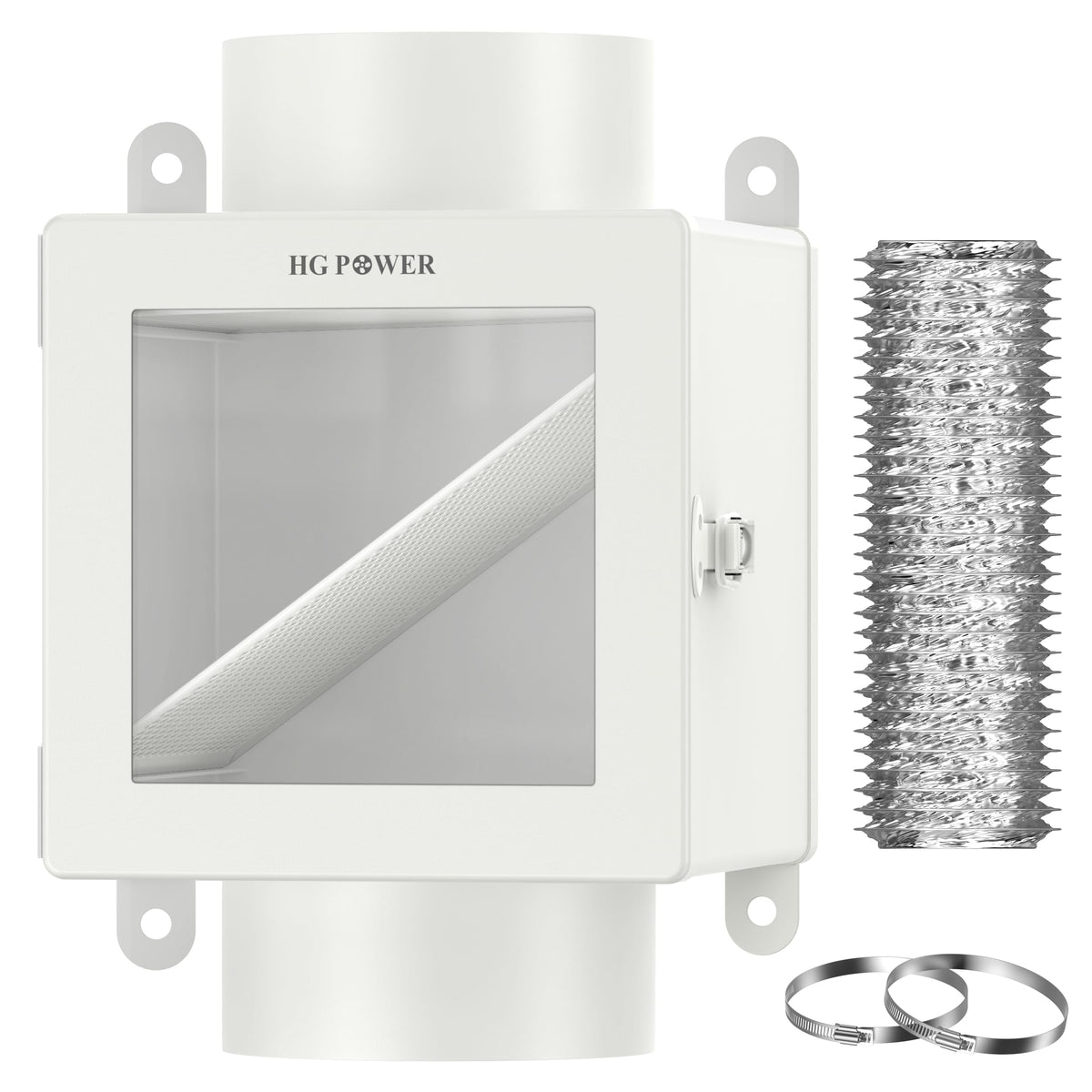 Metal Dryer Duct Lint Trap, HG Power Indoor Dryer Vent Kit, Indoor Dryer Vent for Electric Dryer, Dryer Lint Catcher for Dryer, Inline Dryer Lint Trap Box, 4" Dryer Vent Hose, 2 Hose Clamps