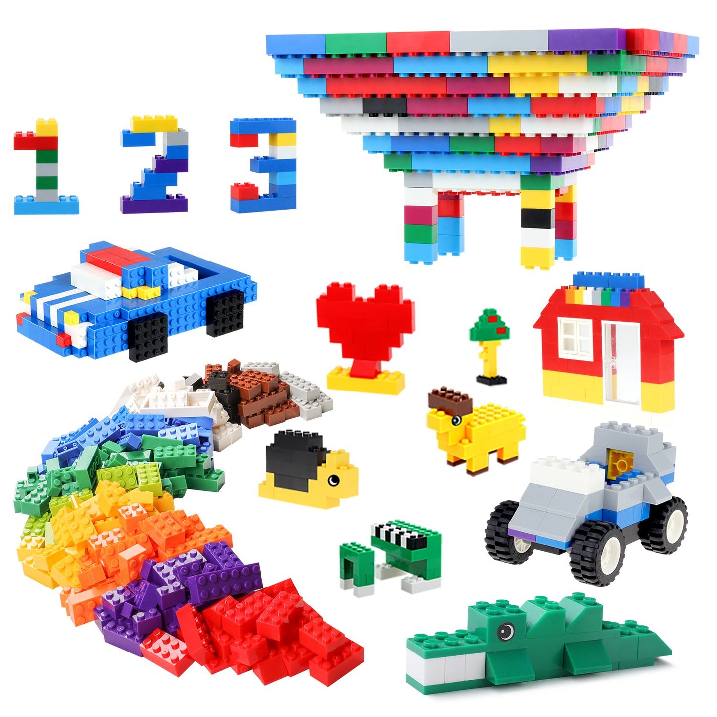 Building Bricks 520 Pieces Set, 500 Basic Building Blocks in 17 Shapes Includes Wheels, Door, Window, Bulk Block with Reusable Storage Box and Building Base Plate, Compatible to All Major Brands