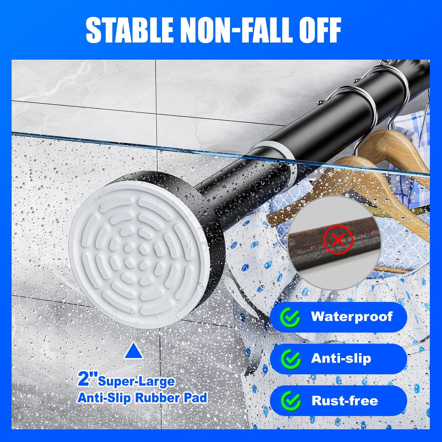 Ausemku Shower Curtain Rod - 32-92 Inch Rustproof Tension Rod, Non-Slip Spring Design, No Drilling Adjustable Curtain Rod for Bathroom, Kitchen, and Closet（Black）