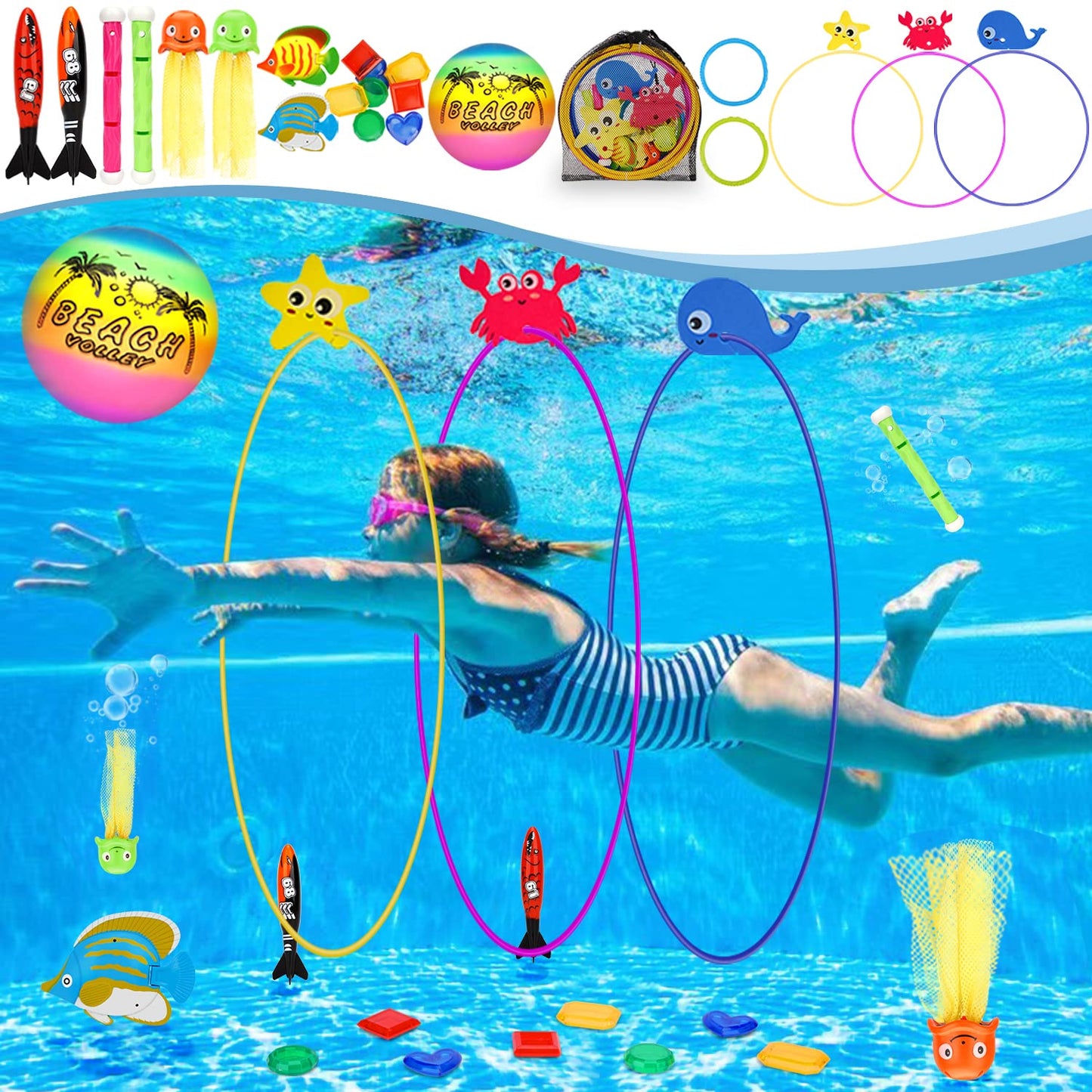 DAUXONE Diving Toys,27 Pcs Pool Toys with Diving Swim Thru Rings for Kids Age 3-12,Dive Sticks,Diving Rings,Diving Gem,Diving Octopus,Pool Torpedo Mesh Bag Include