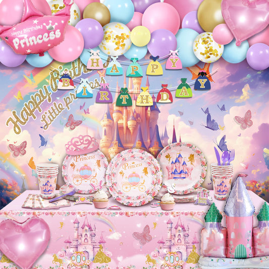 208 pcs Pink Princess Birthday Party Decorations For Girl Woman, 12 Tableware Sets, Castle Balloons, Balloon Arch, Crown, Happy Birthday Banner, Tablecloth, Backdrop, Cake Topper, Balloon Pump