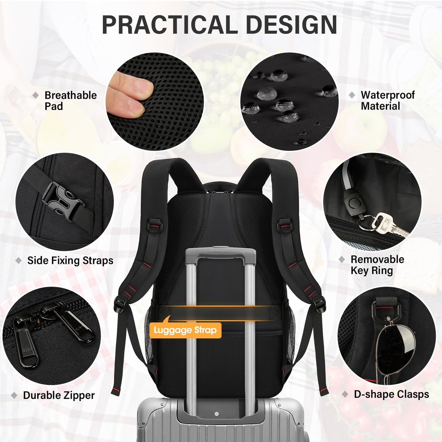Lunch Backpack for Men, 17.3 Inch Laptop Backpack with USB Charging Port Waterproof Work Backpack with Insulated Lunch Bag for College School Business, Black