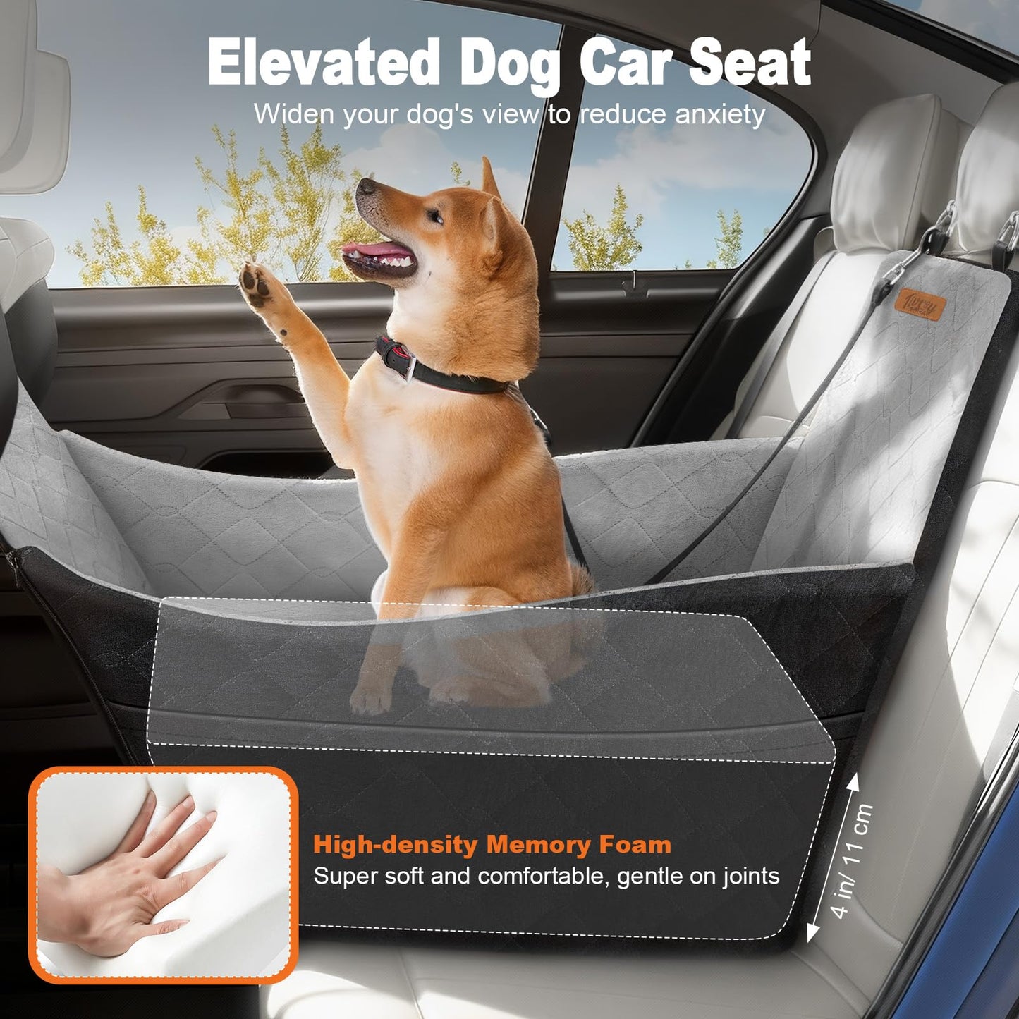 Tivray Elevated Dog Car Seat, Dog Booster Car Seats for Small & Medium Breeds Up to 35lbs, Fully Detachable and Washable, Memory Foam Pet Carseat with 2 Storage Pockets & 3 Safety Belts, Black & Gray