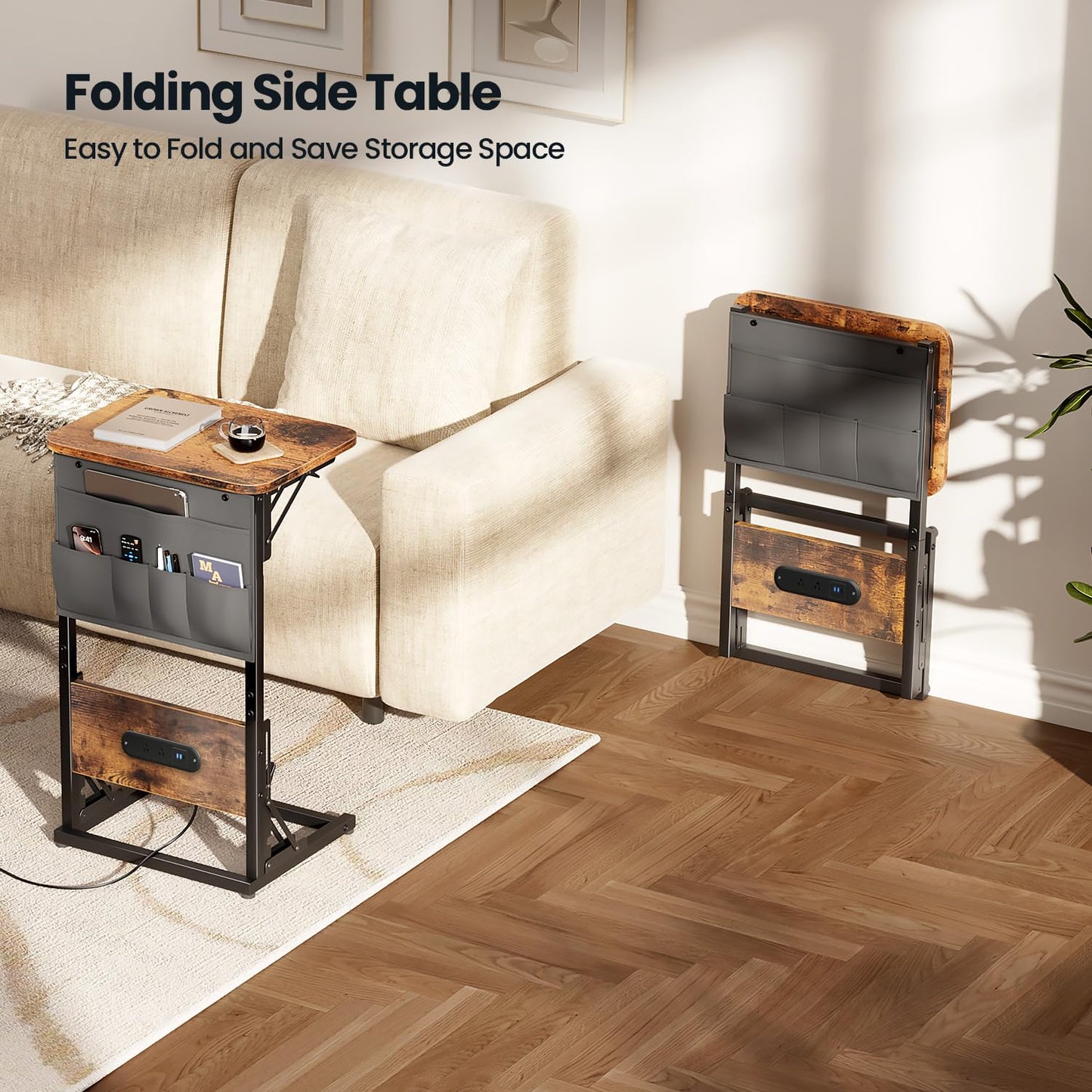 HLDIRECT C Shaped End Table with Charging Station Side Table Living Room with Storage Bag for Couch, C Shaped Side Table with Foldable Function Couch Table for Living Room Bedroom, Brown