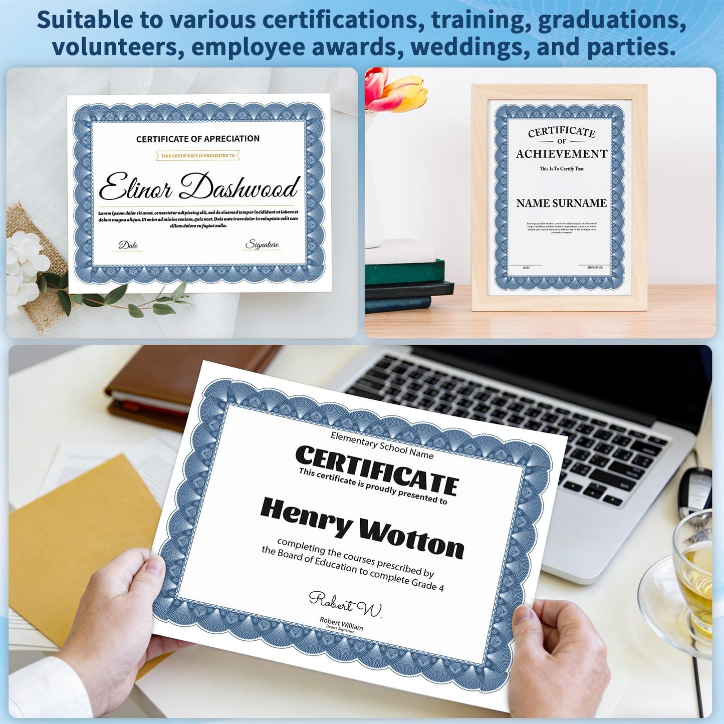 200 PCS Certificate Paper 8.5 x 11 for Printing, Customizable Blank Award Certificates, Diploma Paper with Border for Graduation, Achievement Award, Recognition Document, Navy Blue Floral