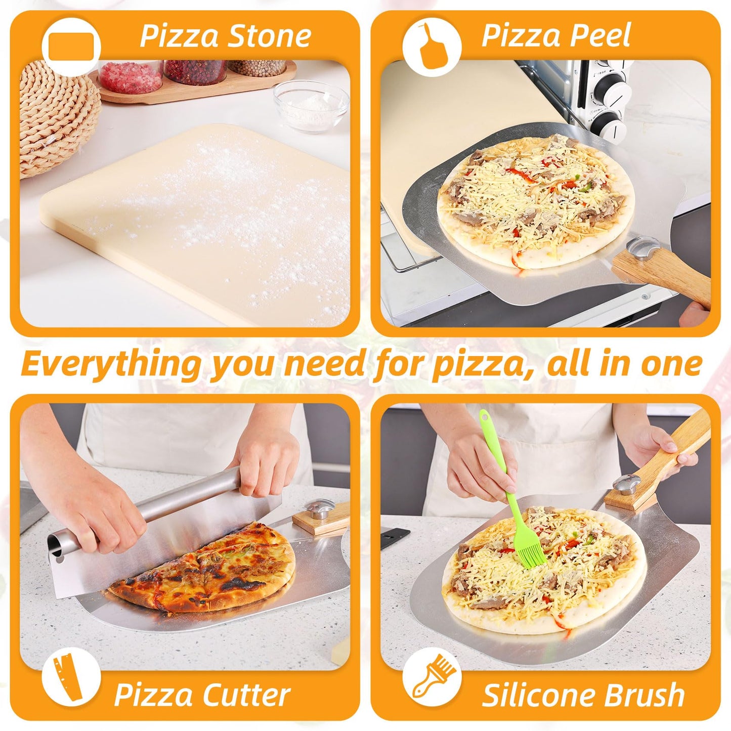GOFOWRK Pizza Stone Set, 15 x 12'' Large Rectangle Pizza Stone Set for Oven and Grill with Metal Pizza Peels & Cutter Rocker, 0.6'' Thickened Stone Pizza Pan, Baking Stone for Pizza, Bread