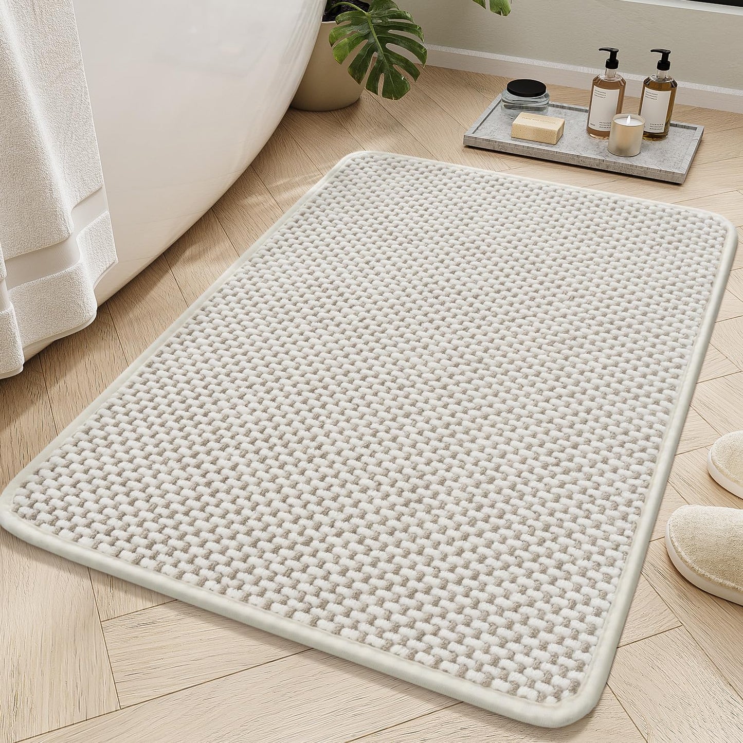 MontVoo Chenille Bath Mat Super Absorbent Bathroom Mat Non Slip Bath Mats for Bathroom Tightly Woven Machine Washable Bathroom Rug Low Pile Fit Under Door,Front of Shower,Bathtub Beigewhite 24"x36"