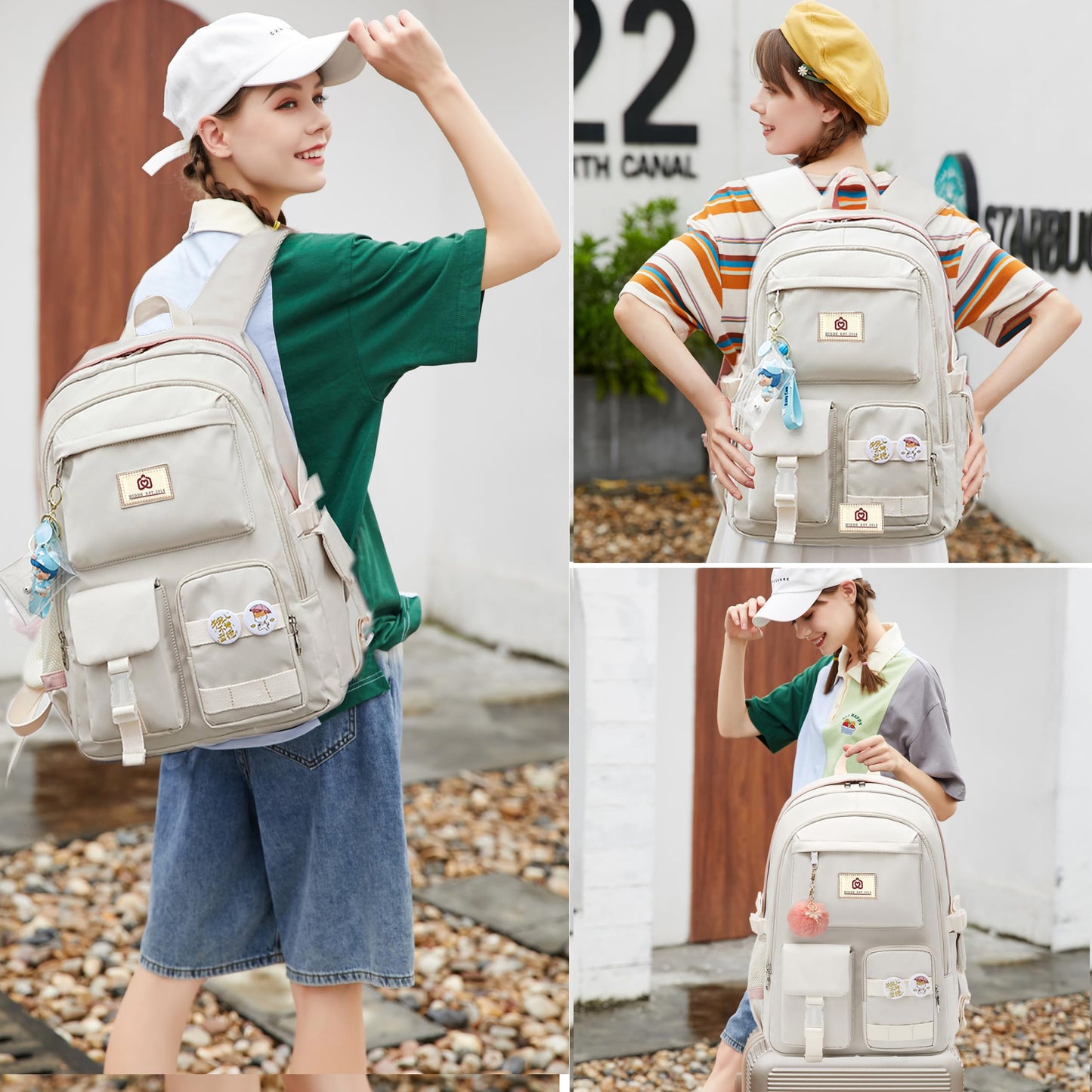 Laptop Backpacks 15.6 Inch School Bags College Backpack Anti Theft Travel Daypack Large Bookbags for Teens Girls Women (Off-white)