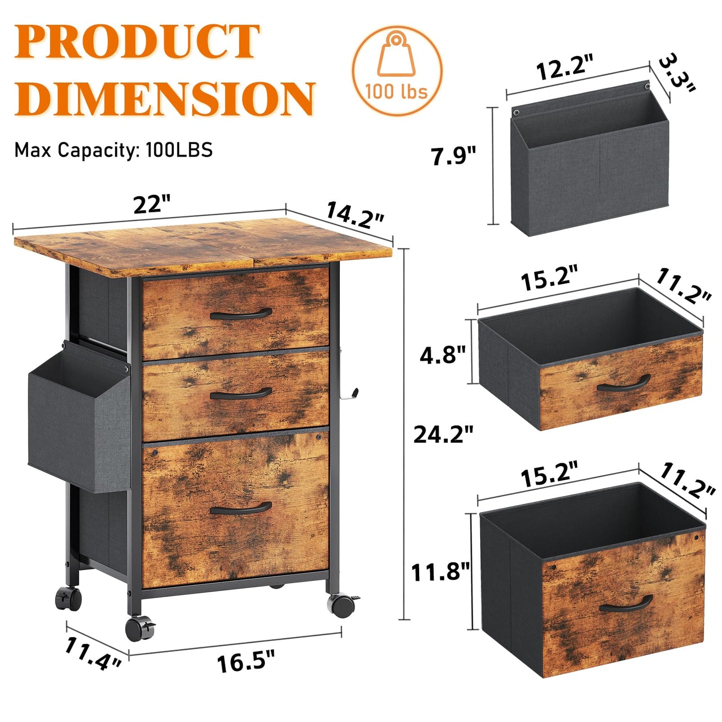 Flrrtenv File Cabinet with Extended Tabletop, Mobile Filing Cabinet with 3 Fabric Drawers and Storage Bag, Printer Stand for Home Office, Night Stand for Bedroom, Rustic Brown