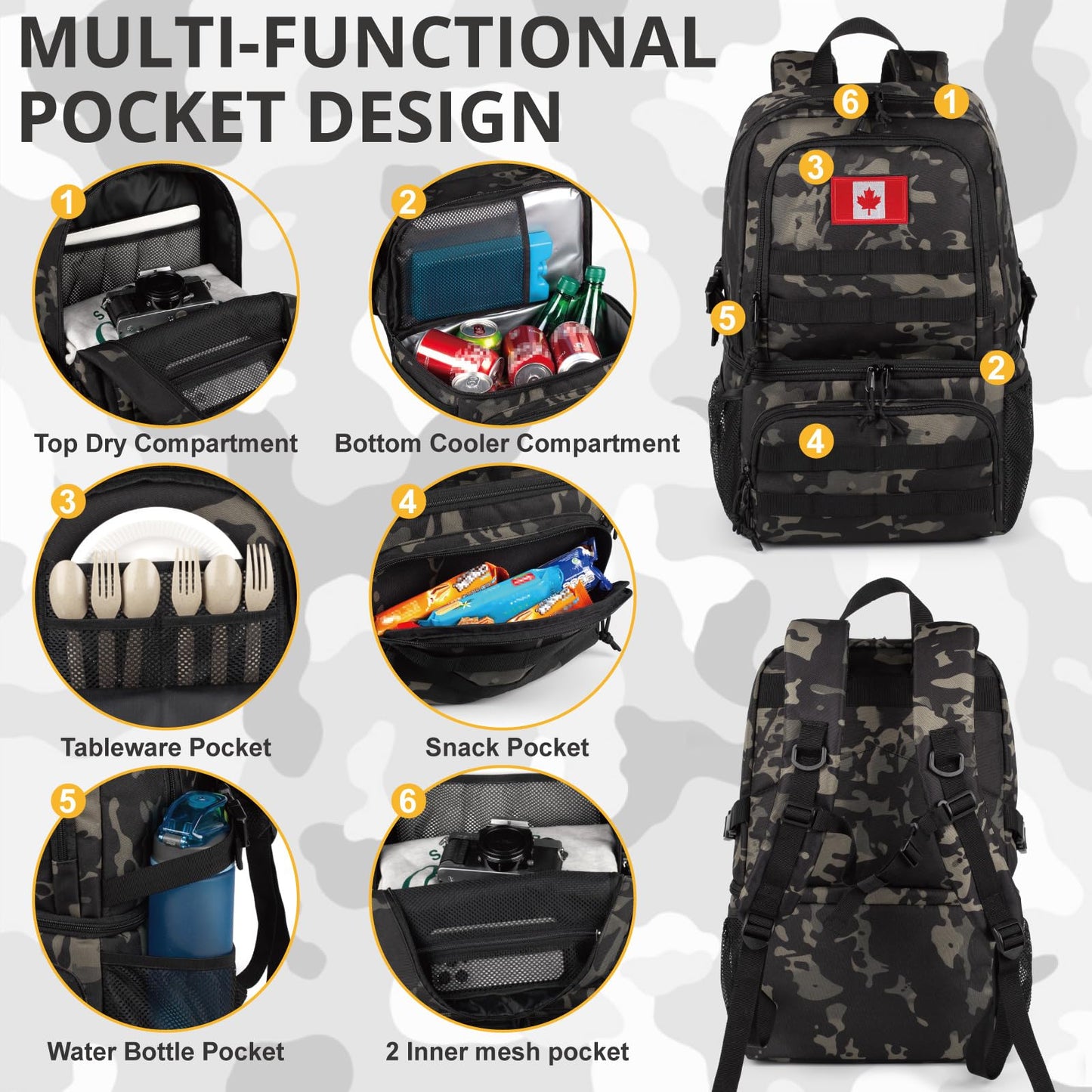 Tactical Double Deck Cooler Backpack for Men,Large Lunch Backpack with 2 Compartment,Soft Cooler Bag (Camo Black, X-Large)