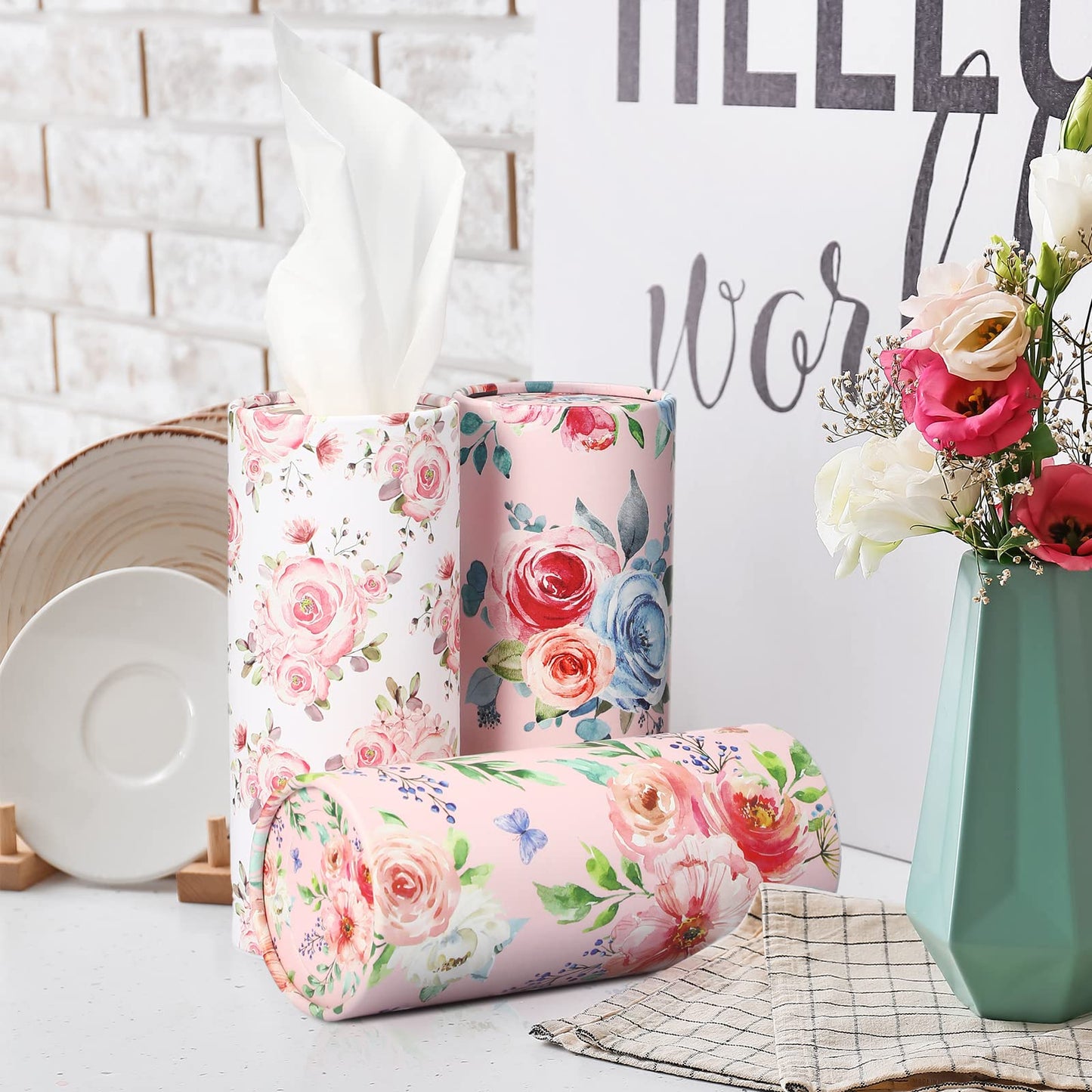 Ctosree 8 Pcs Car Tissue Holder Cylinder Bulk Round Floral Cup Holder Facial Tissues for Travel Refill Car Napkin Box Round Container