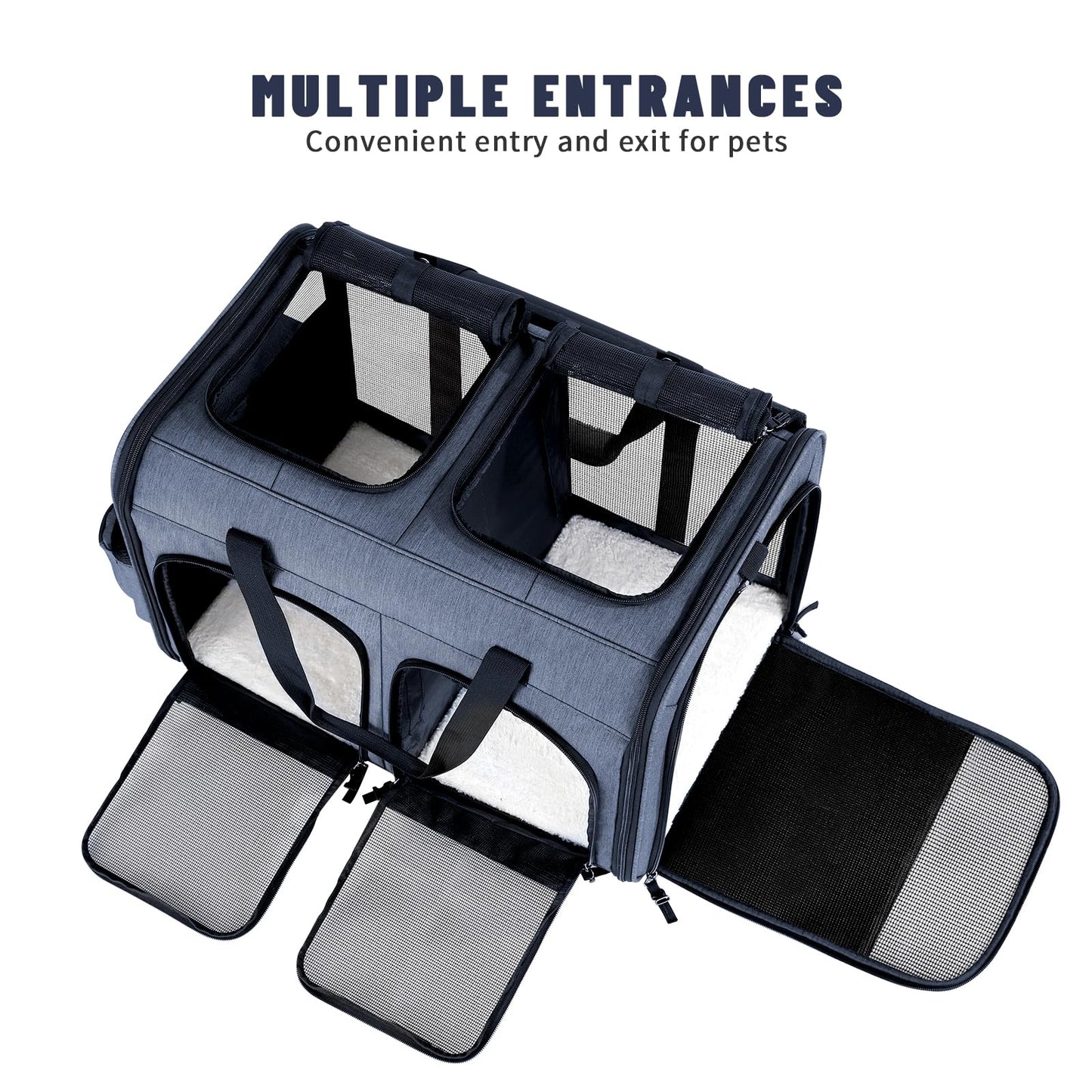 Cat Carrier for 2 Cats, Foldable Double Cat and Dog Carrier, Small to Medium Size, 2 Front Zippered Compartments,Two Pets Carrier for Outdoor Travel,Mulitple Cat Carrier, Grey