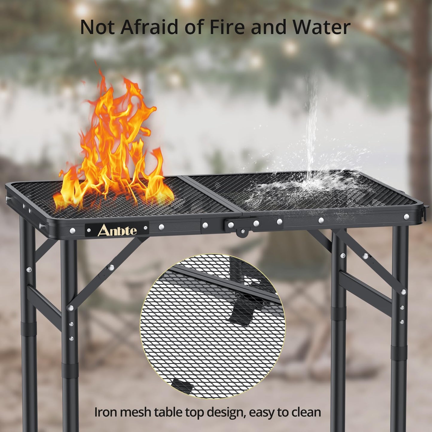 Anbte Folding Grill Table, Aluminum Camping Table Adjustable Height Max 27.5" Picnic Table Small Outdoor Table, Lightweight, Portable Handle for Travel Cooking BBQ Picnic, 22.8" x 16", Black